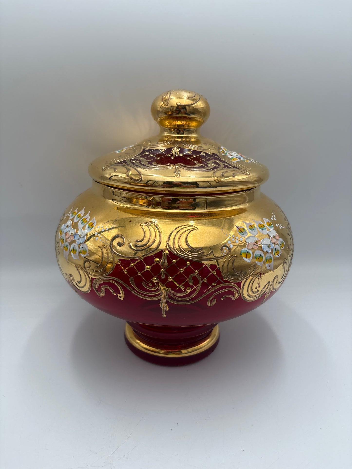 Vintage Bohemia krystal med Guld og Enamel, Punch Bowl, Rød, 26cm
