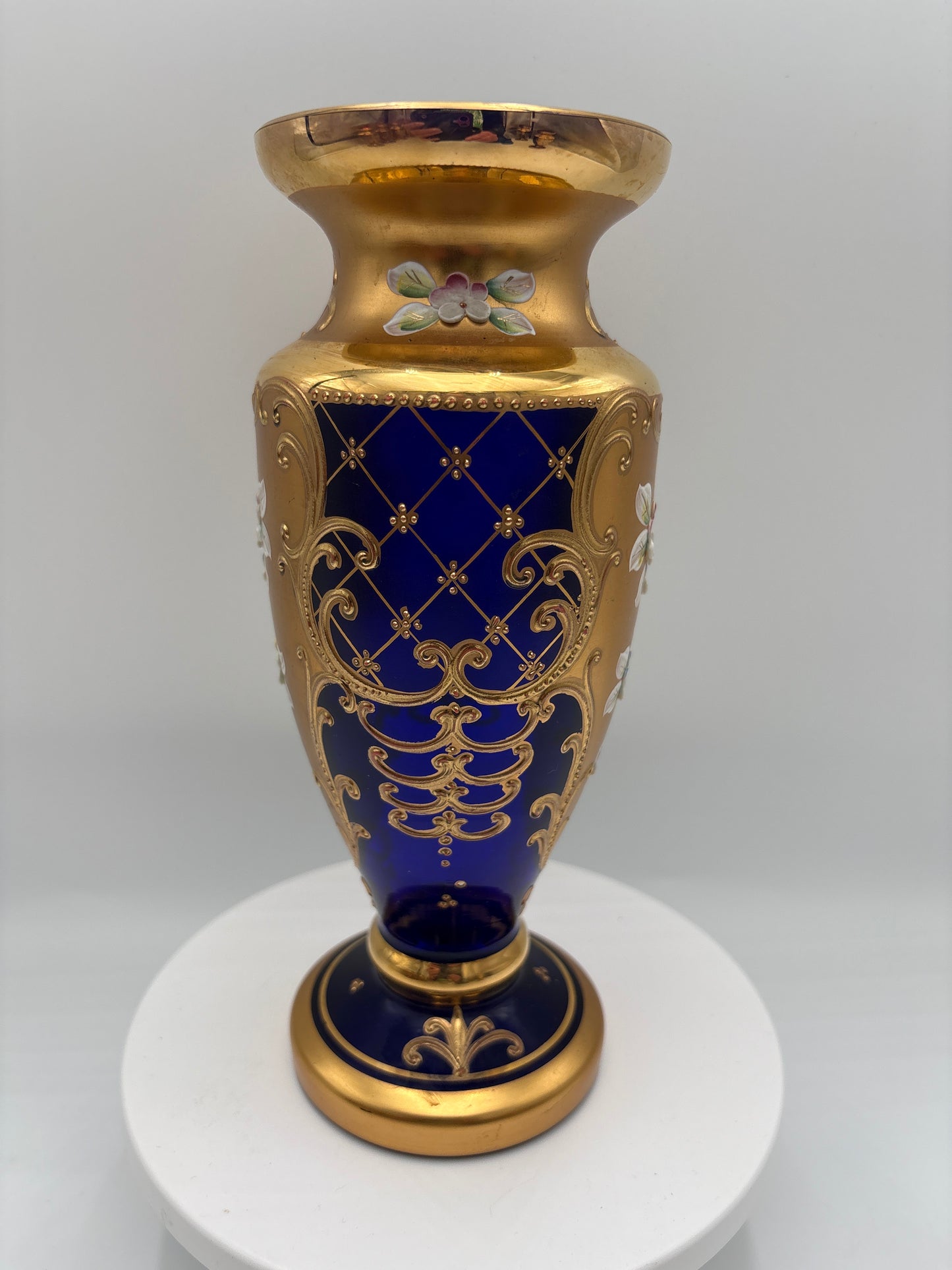Vintage Bohemia krystal med Guld og Enamel-Vase på fod-Blå(2)-22cm