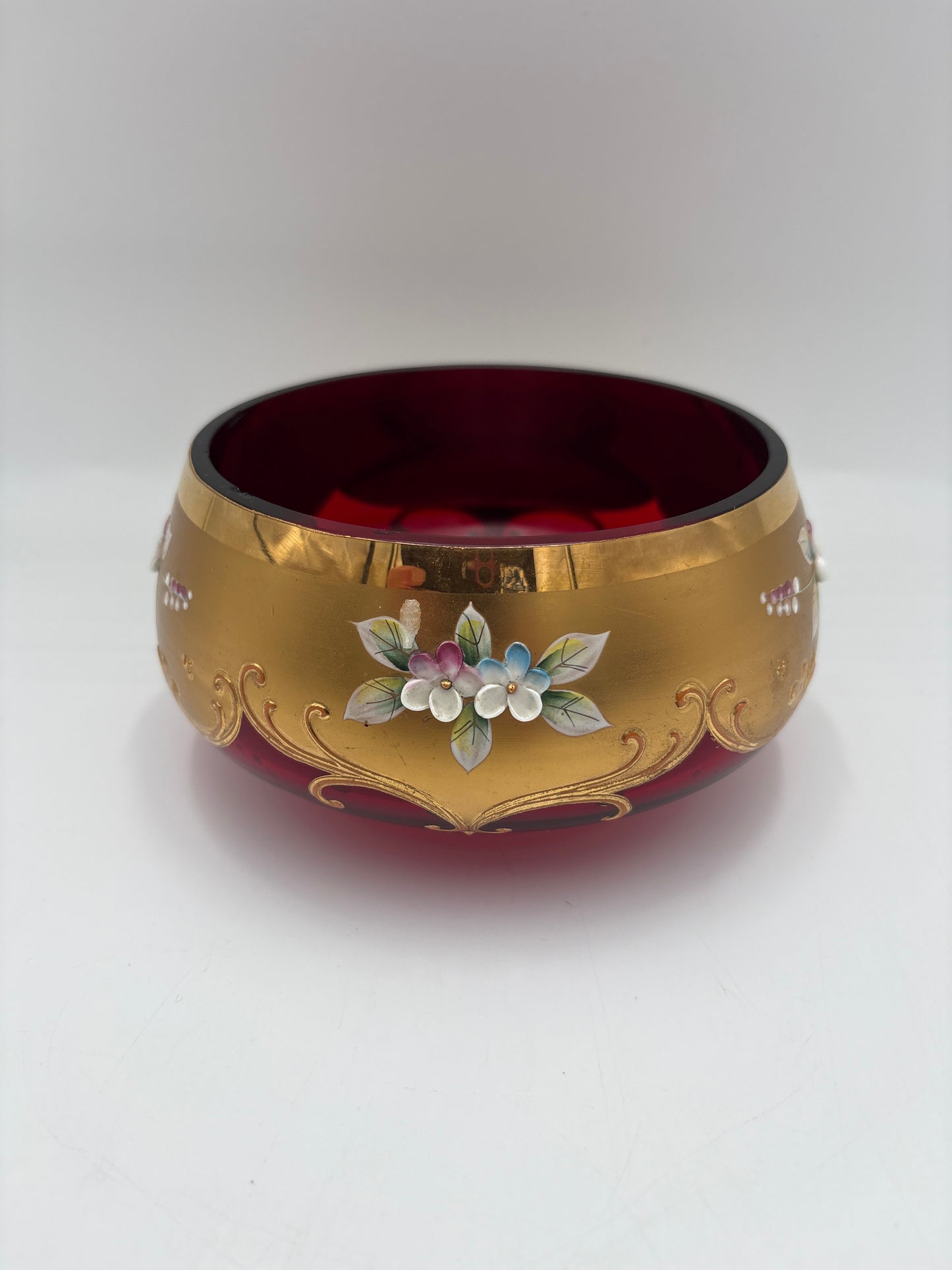 Vintage Bohemia krystal med Guld og Enamel,Lille skål, Rød, ø15cm