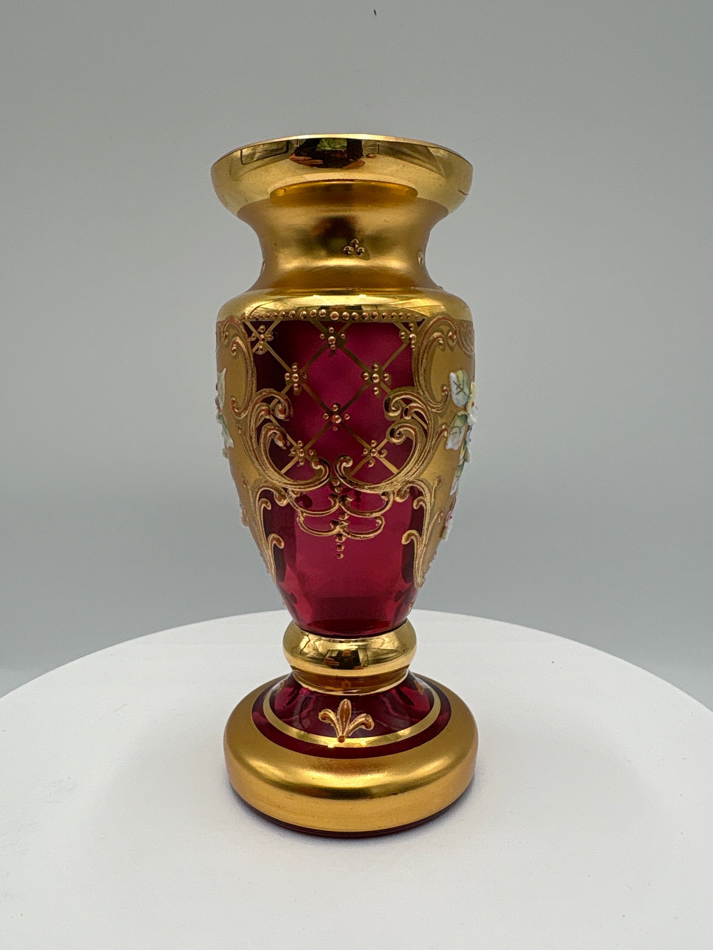 Vintage Bohemia krystal med Guld og Enamel-Vase på fod(1)-rød-12cm