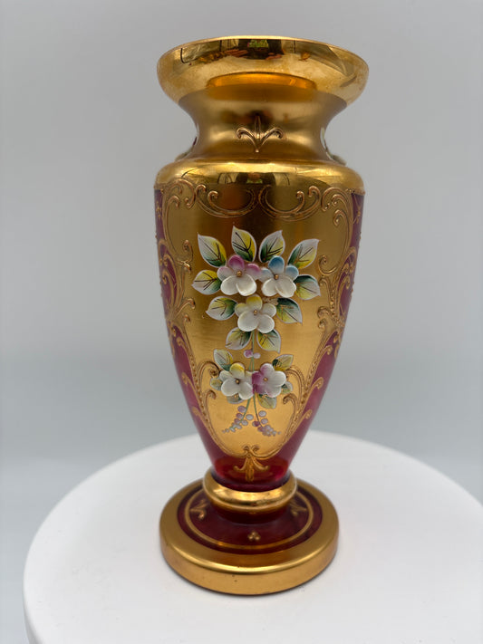 Vintage Bohemia krystal med Guld og Enamel-Vase på fod-Rød(2)-17cm