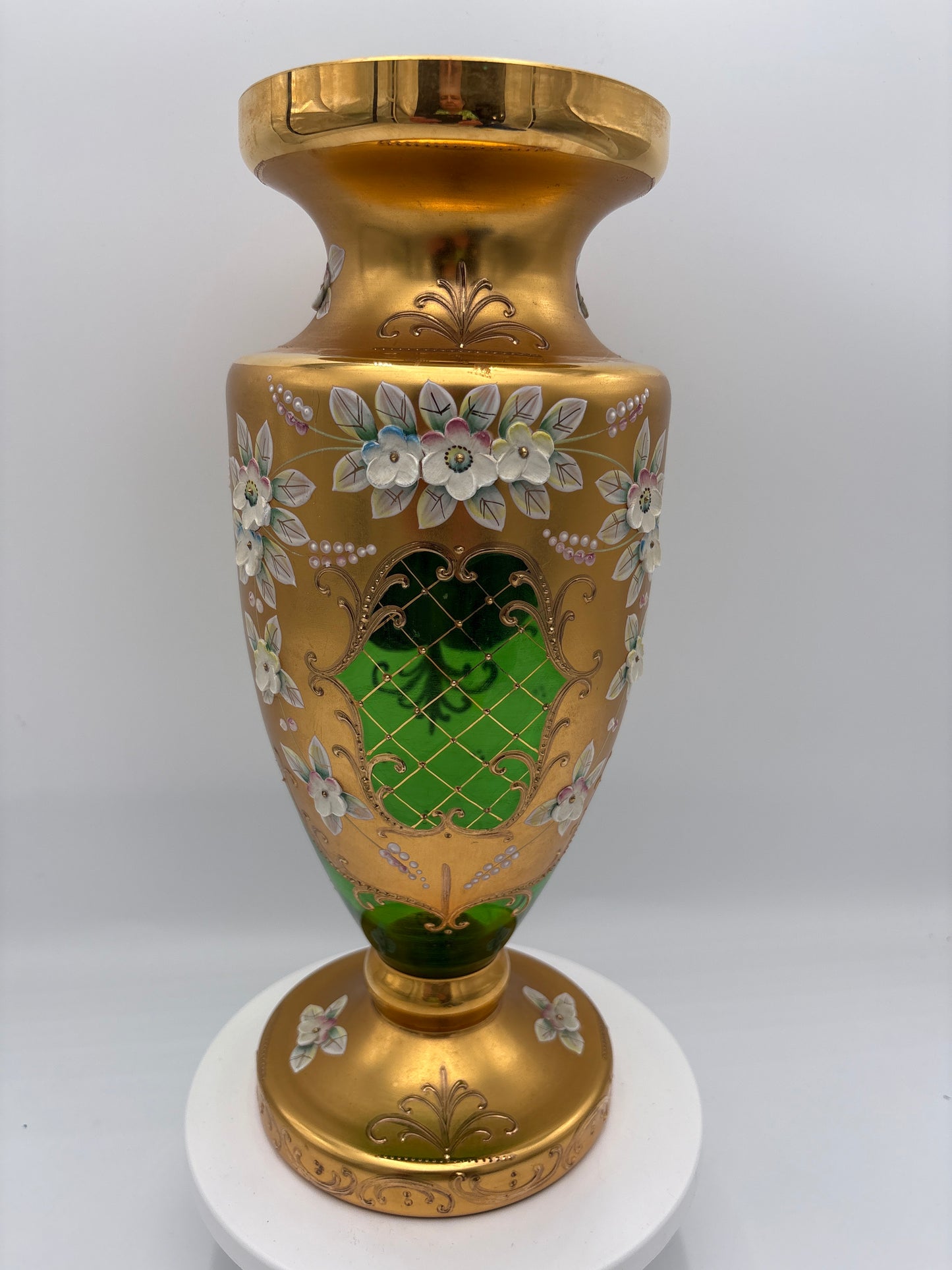 Vintage Bohemia krystal med Guld og Enamel-Vase på fod-Grøn-31cm