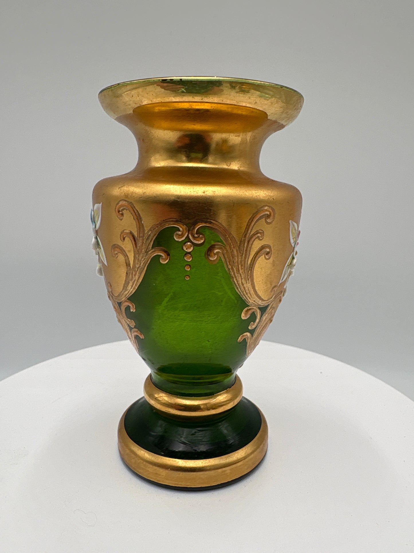 Vintage Bohemia krystal med Guld og Enamel-Vase på fod-Grøn-10cm