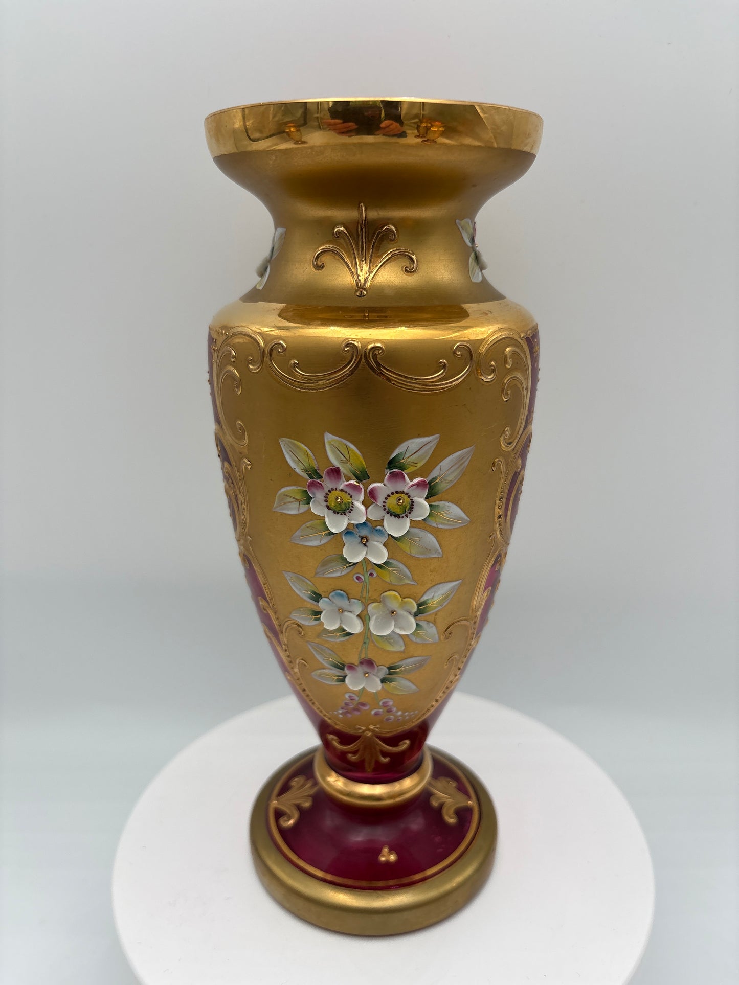 Vintage Bohemia krystal med Guld og Enamel-Vase på fod-Rød(3)-22cm