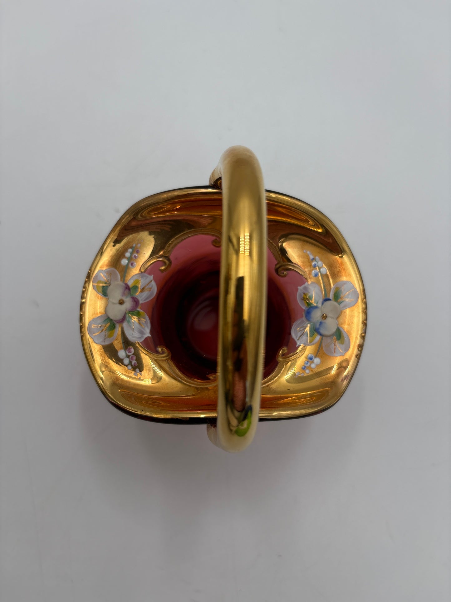 Vintage Bohemia krystal med Guld og Enamel, Kurv, Rød, 14cm