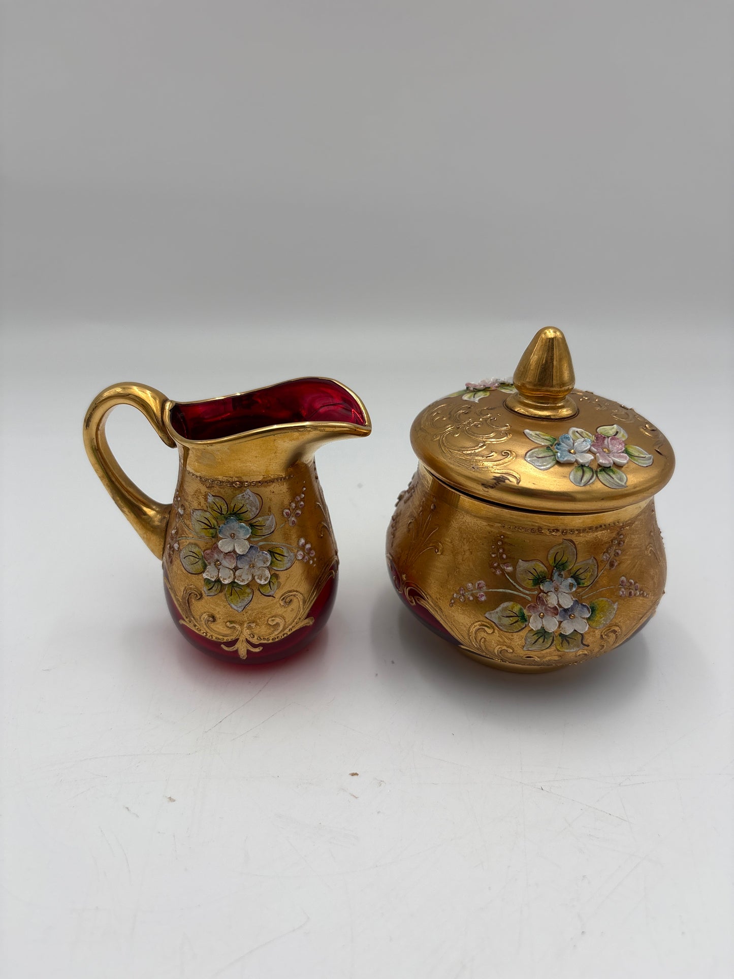 Vintage Bohemia krystal med Guld og Enamel, kaffesæt, Rød