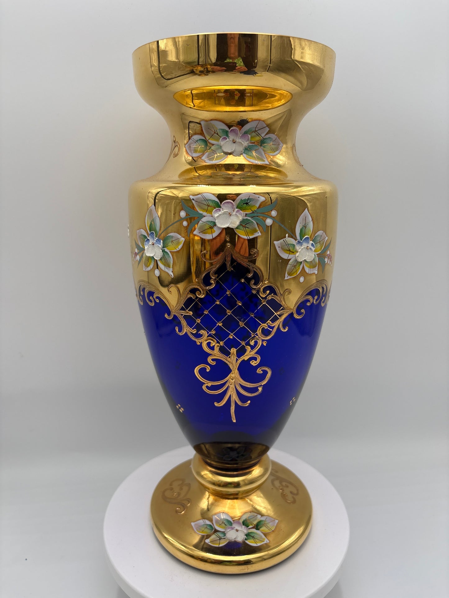 Vintage Bohemia krystal med Guld og Enamel-Vase på fod-Blå(1)-30cm