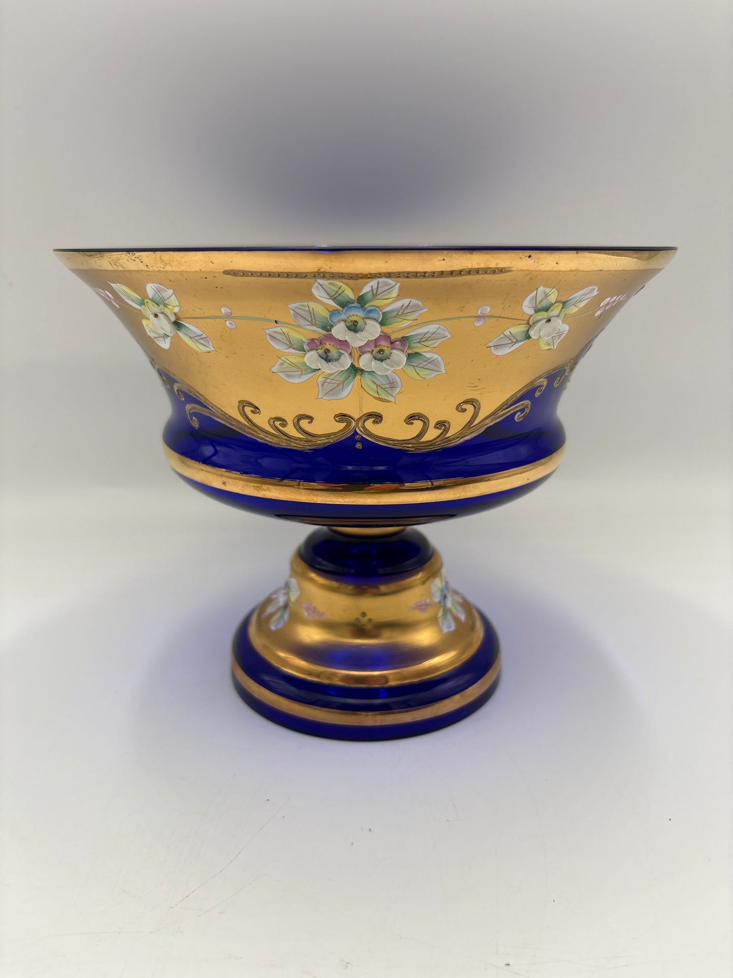 Vintage Bohemia krystal med Guld og Enamel, Opsats på fod, Blå,17cm