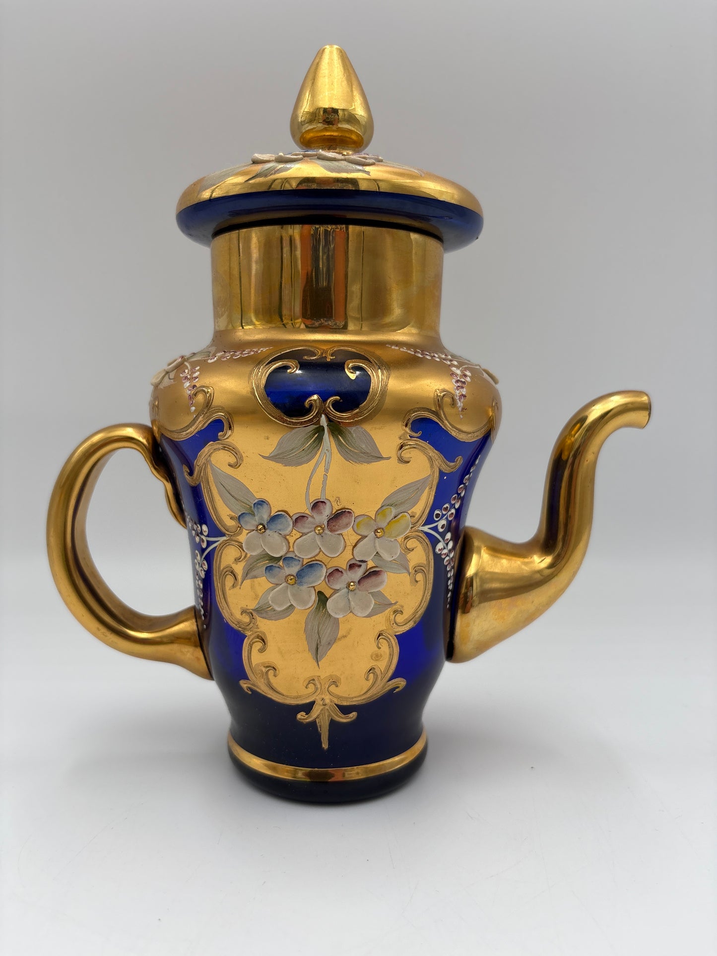 Vintage Bohemia krystal med Guld og Enamel, kaffekande, Blå, 22cm