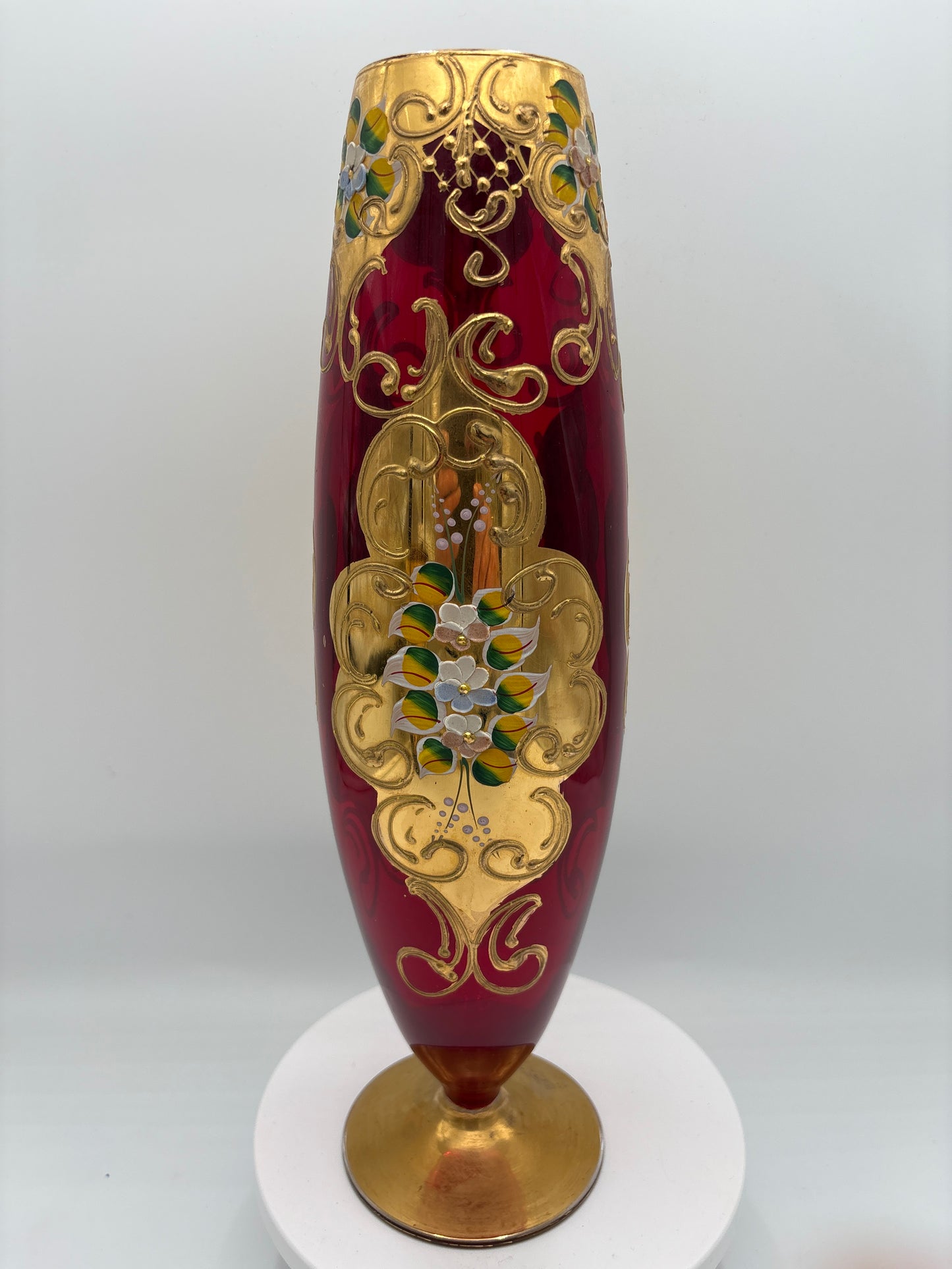 Vintage Bohemia krystal med Guld og Enamel, Vase på fod, Rød, 34cm
