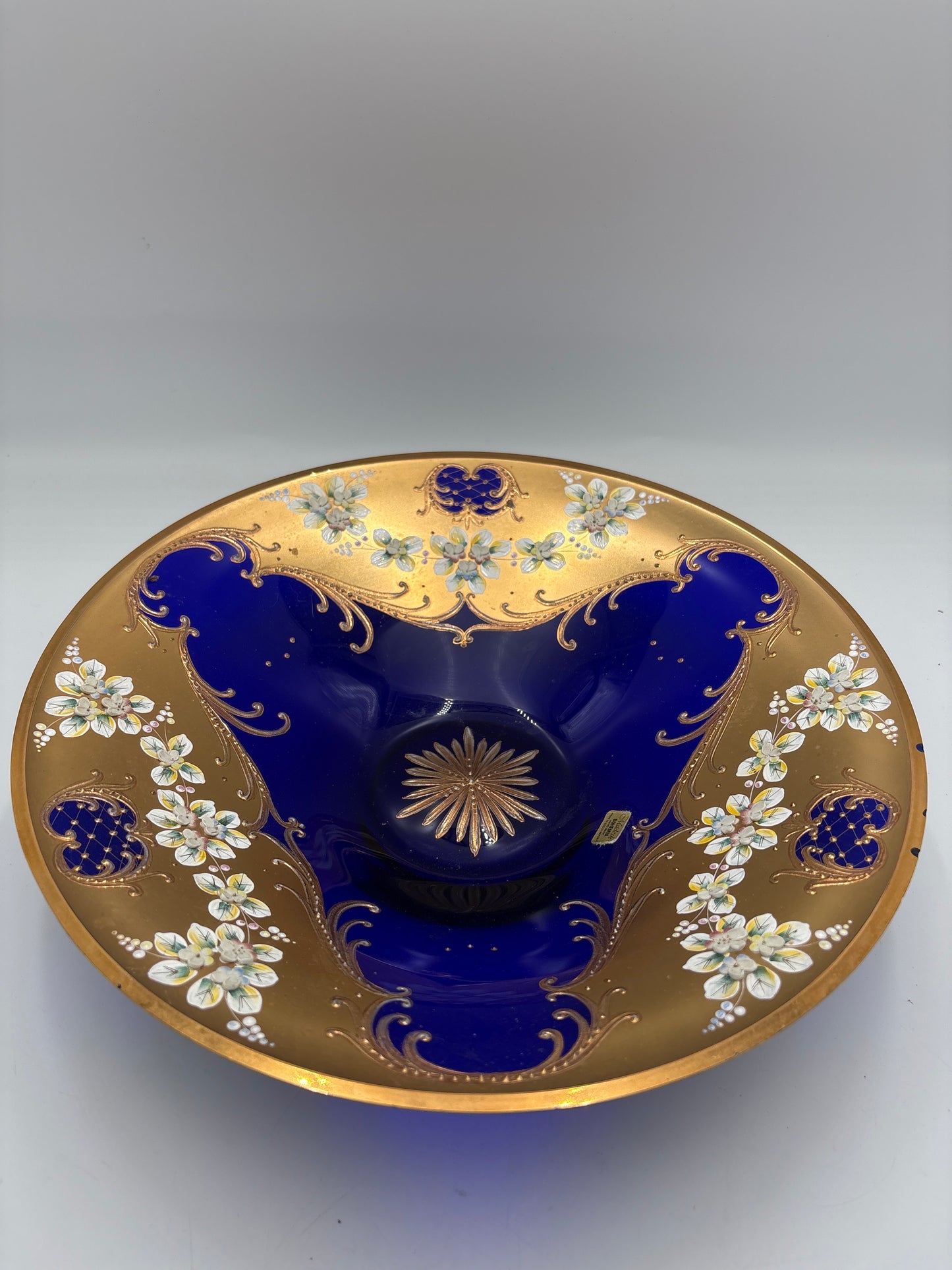 Vintage Bohemia krystal med Guld og Enamel, Fad, Blå, ø32,5cm