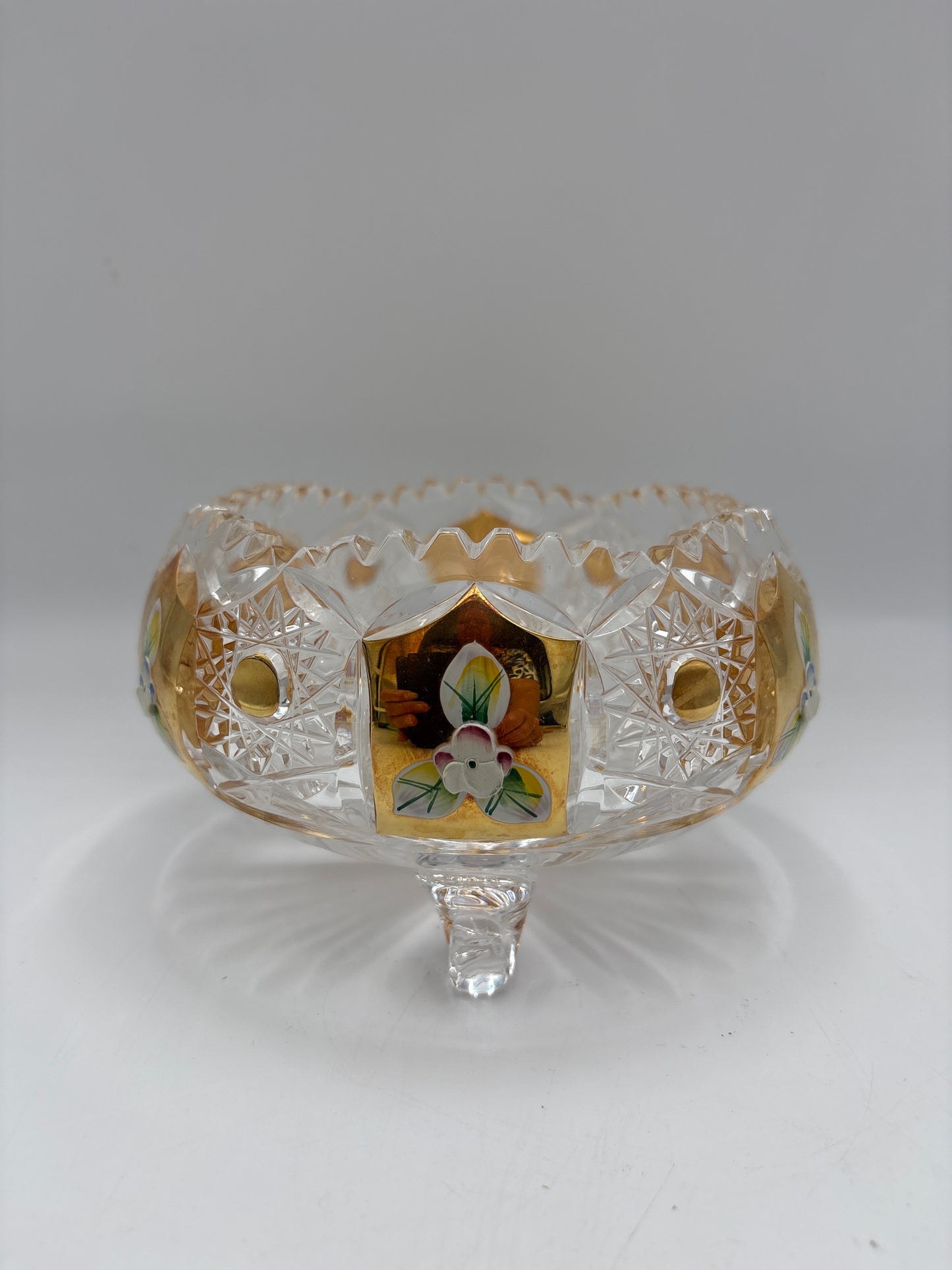Vintage Bohemia krystal med Guld og Enamel, skål med fødder, Klar, ø15cm
