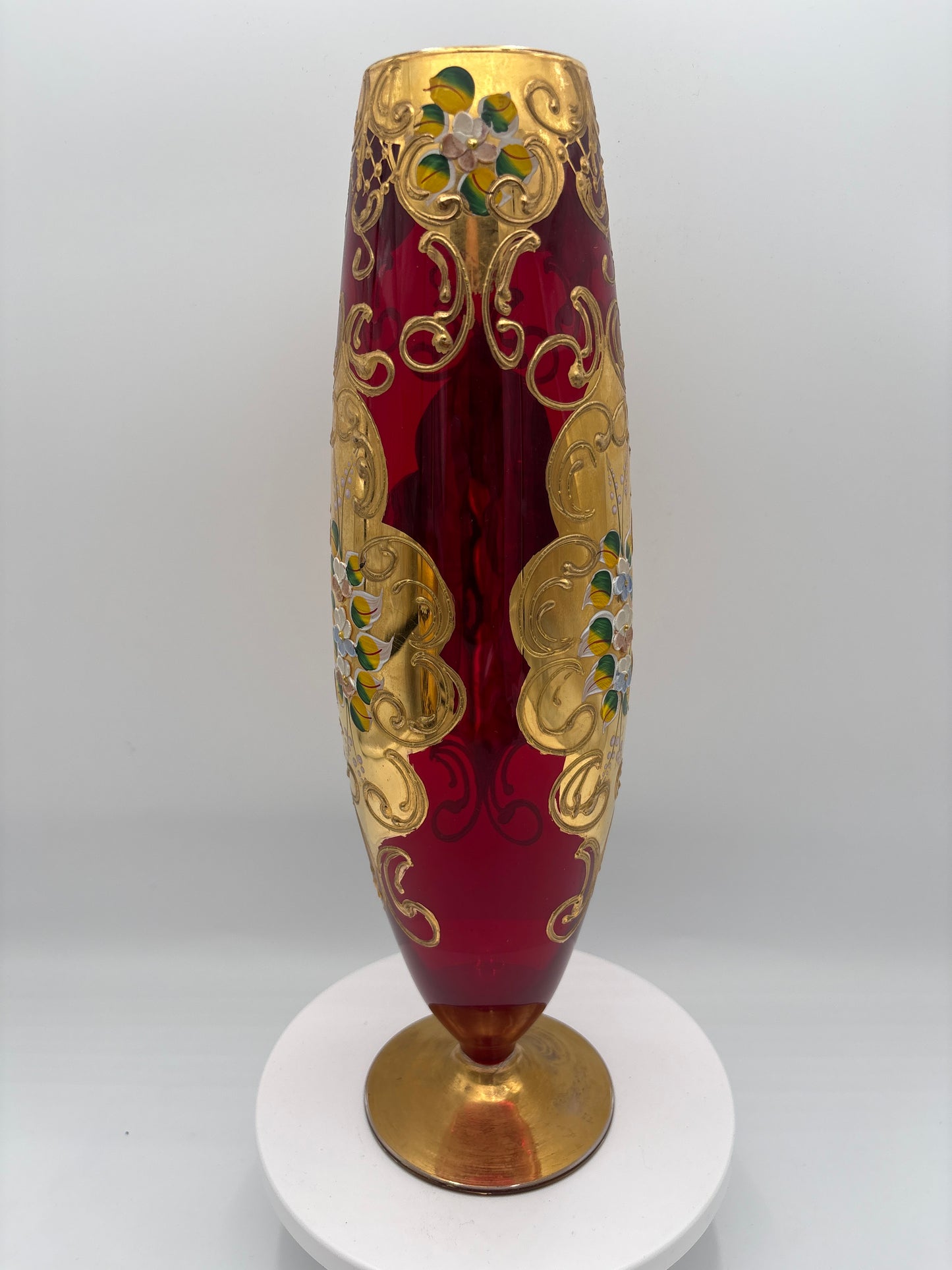Vintage Bohemia krystal med Guld og Enamel, Vase på fod, Rød, 34cm
