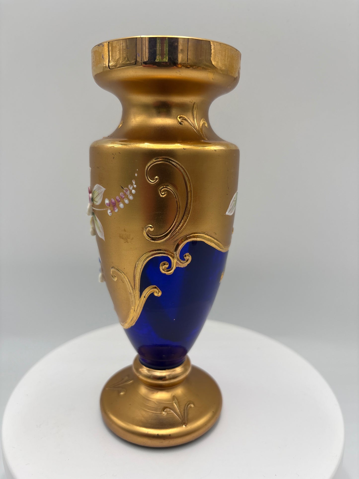 Vintage Bohemia krystal med Guld og Enamel-Vase på fod-Blå(1)-17cm