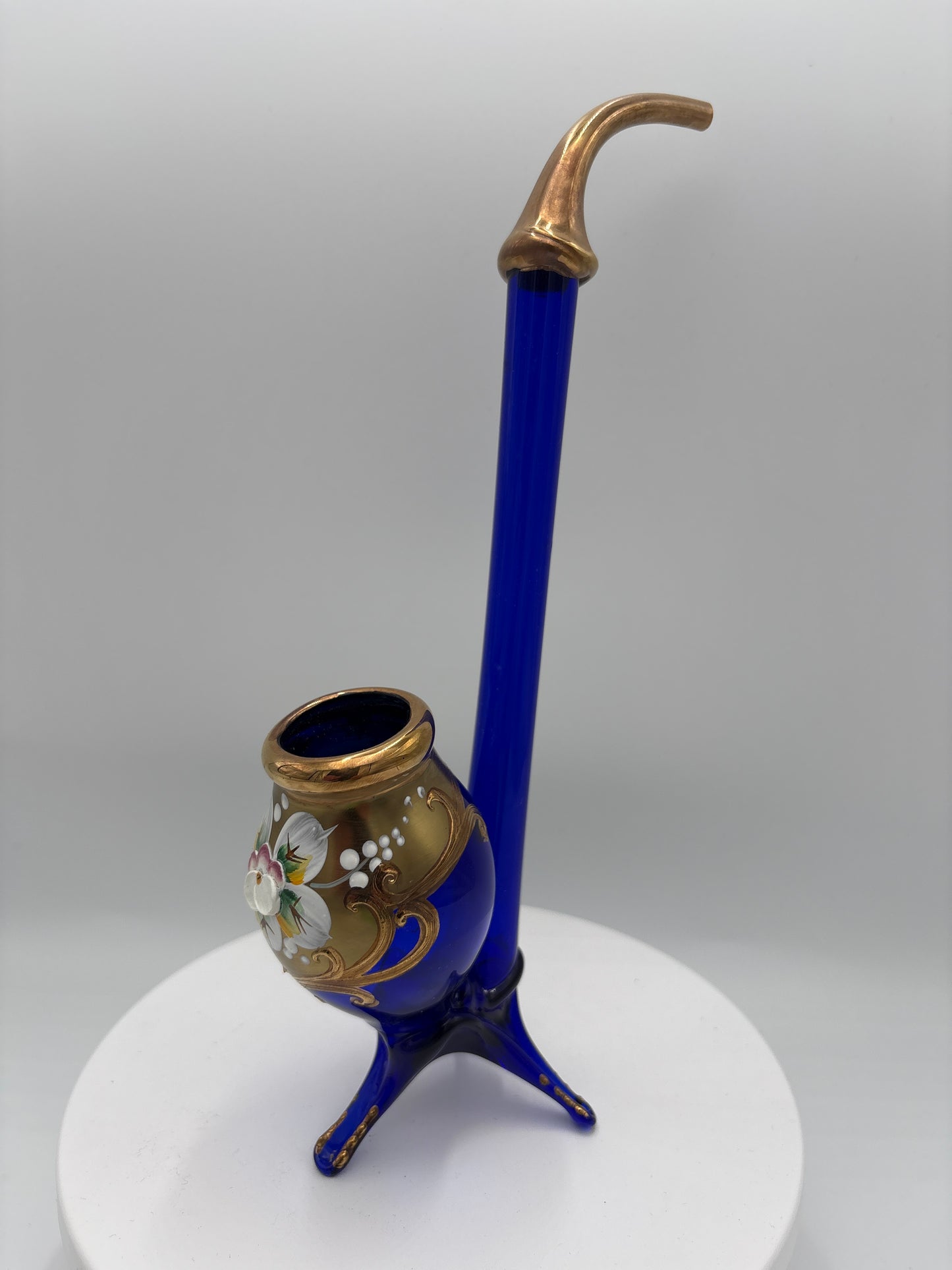 Vintage Bohemia krystal med Guld og Enamel, Pibe, Blå, 24cm