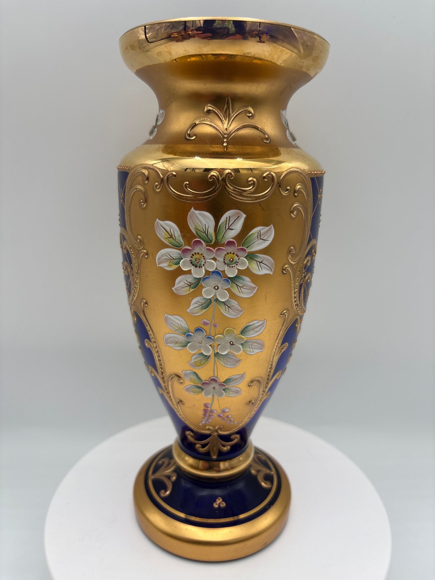 Vintage Bohemia krystal med Guld og Enamel-Vase på fod-Blå(2)-22cm