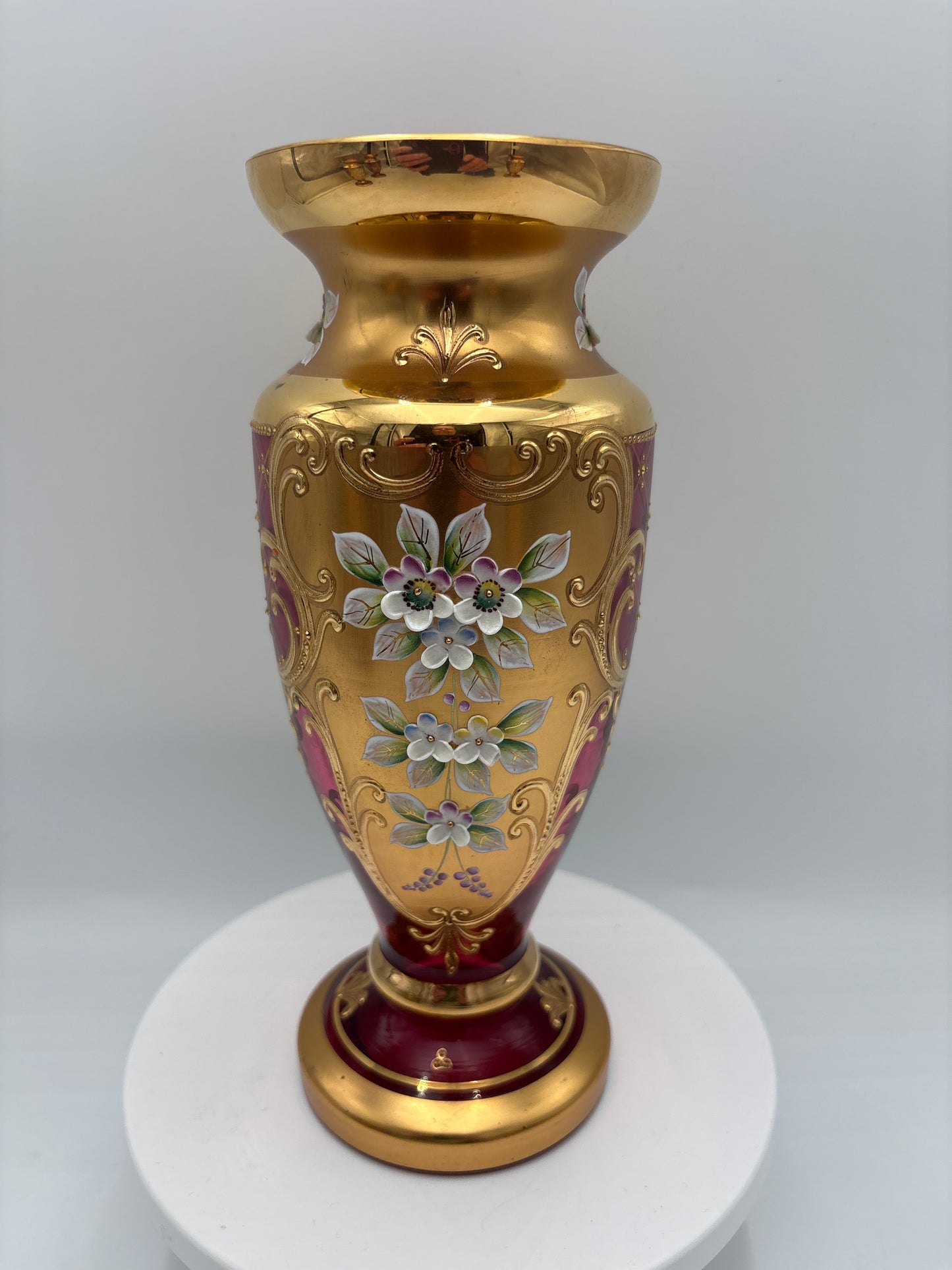 Vintage Bohemia krystal med Guld og Enamel-Vase på fod-Rød(2)-22cm