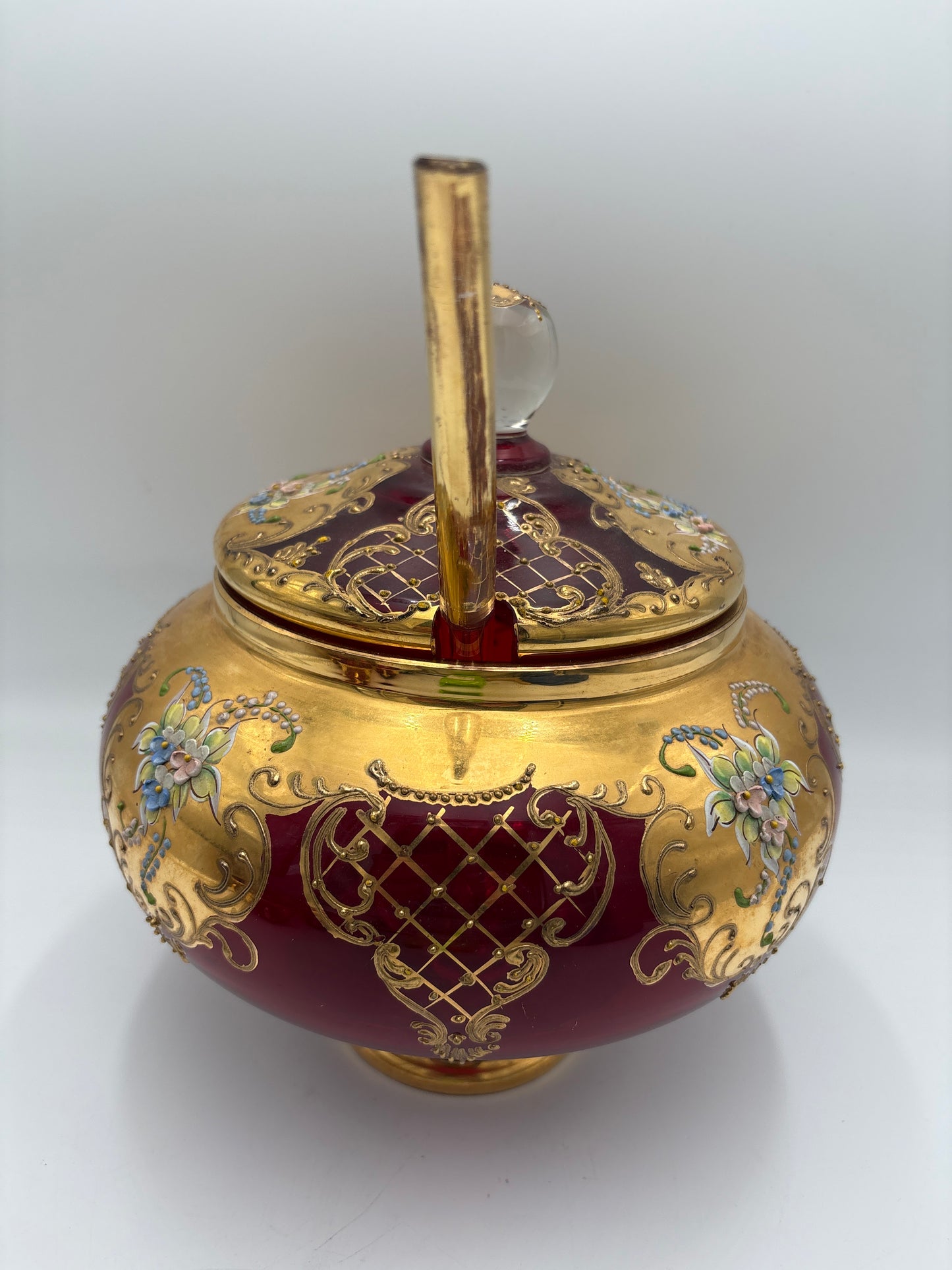 Vintage Bohemia krystal med Guld og Enamel, Punch Bowl med ske og 4 kopper, Rød, 25cm