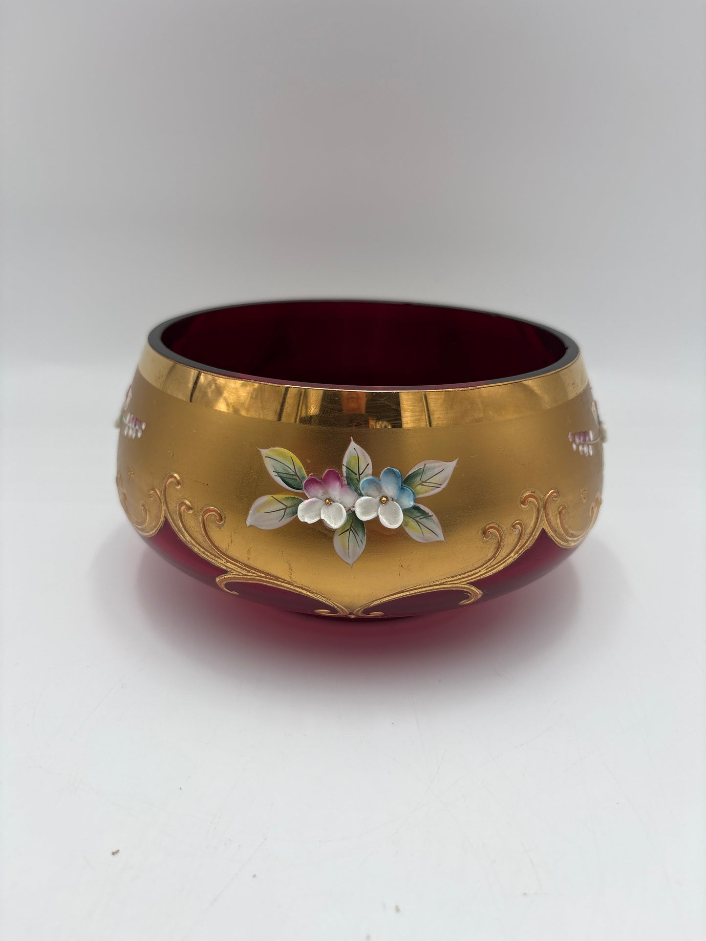 Vintage Bohemia krystal med Guld og Enamel,Lille skål, Rød, ø15cm
