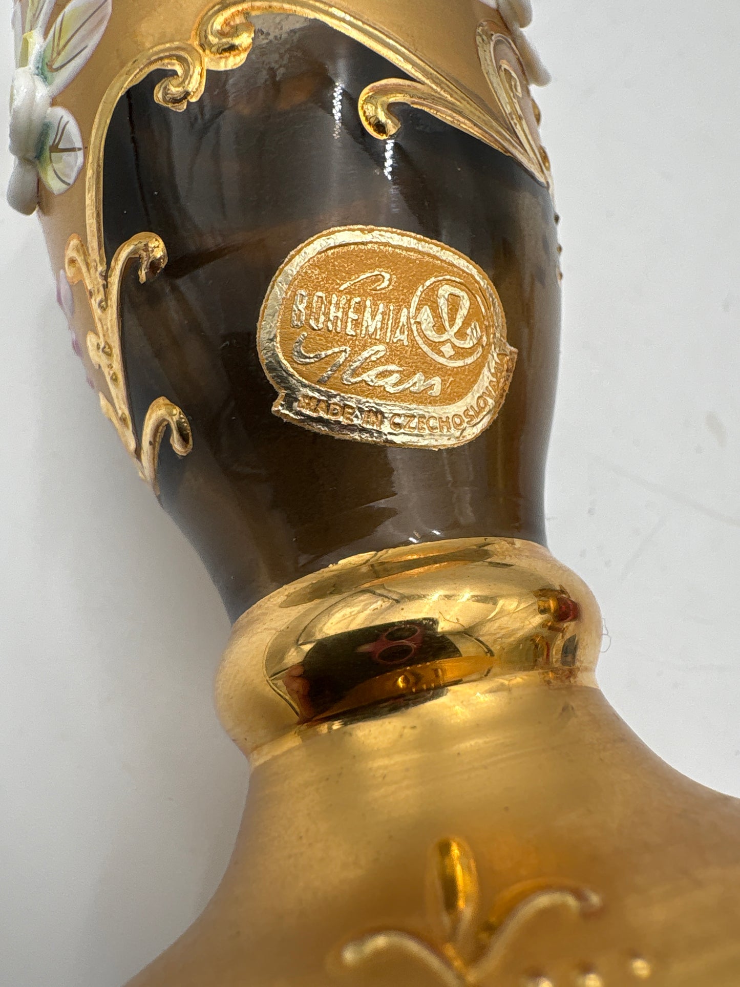 Vintage Bohemia krystal med Guld og Enamel-Vase på fod-Brun-12cm