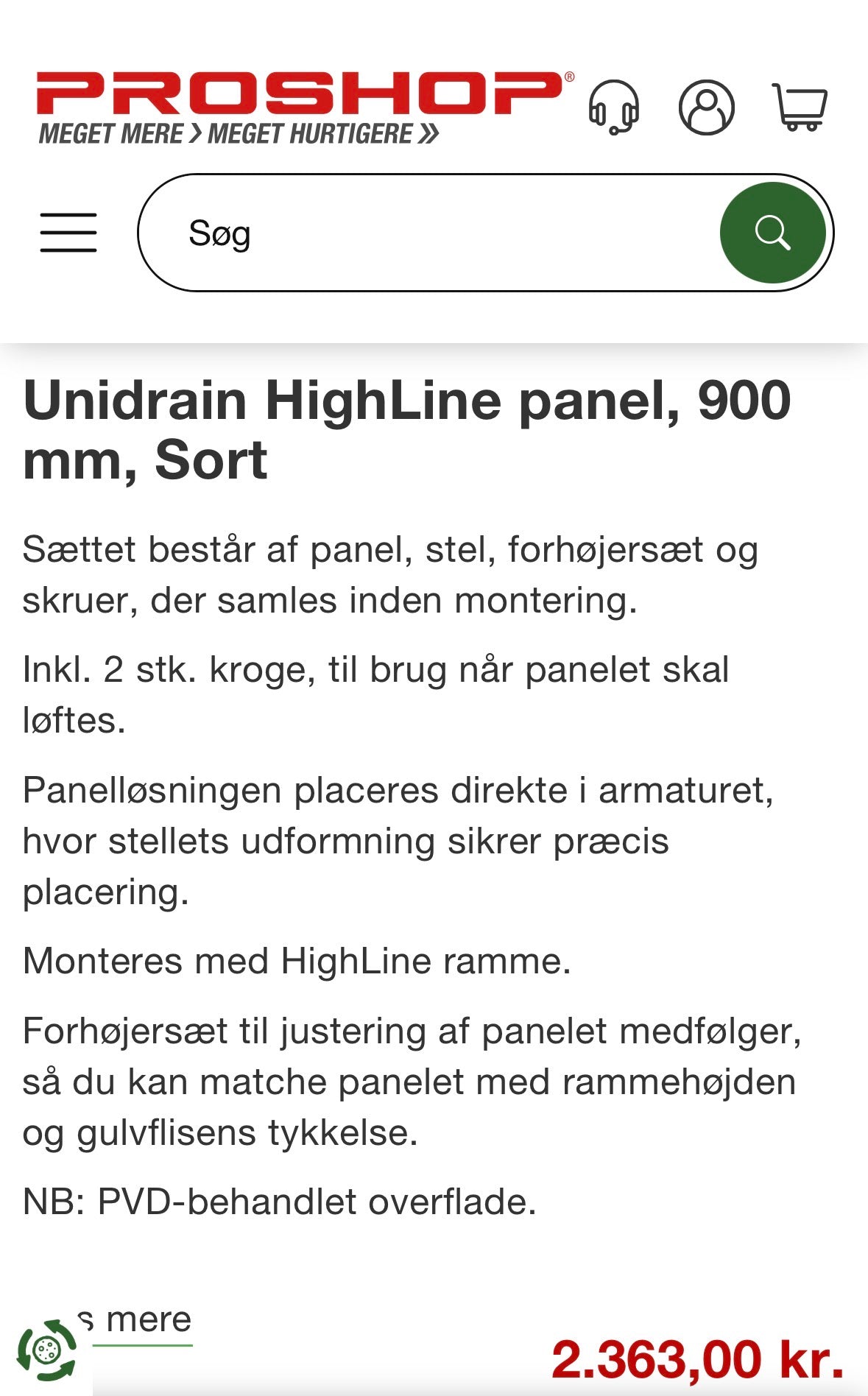 Unidrain Highline model 900 panel black
