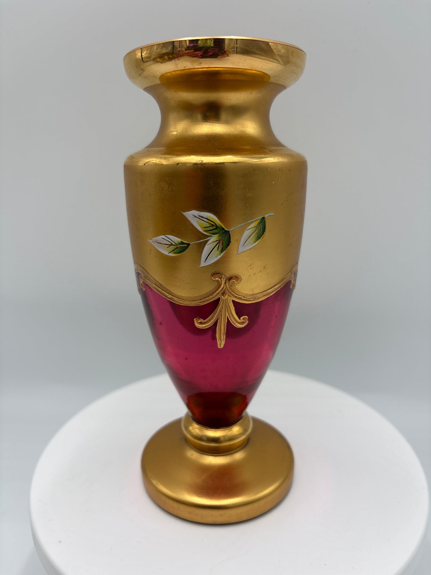 Vintage Bohemia krystal med Guld og Enamel-Vase på fod-Rød(1)-17cm