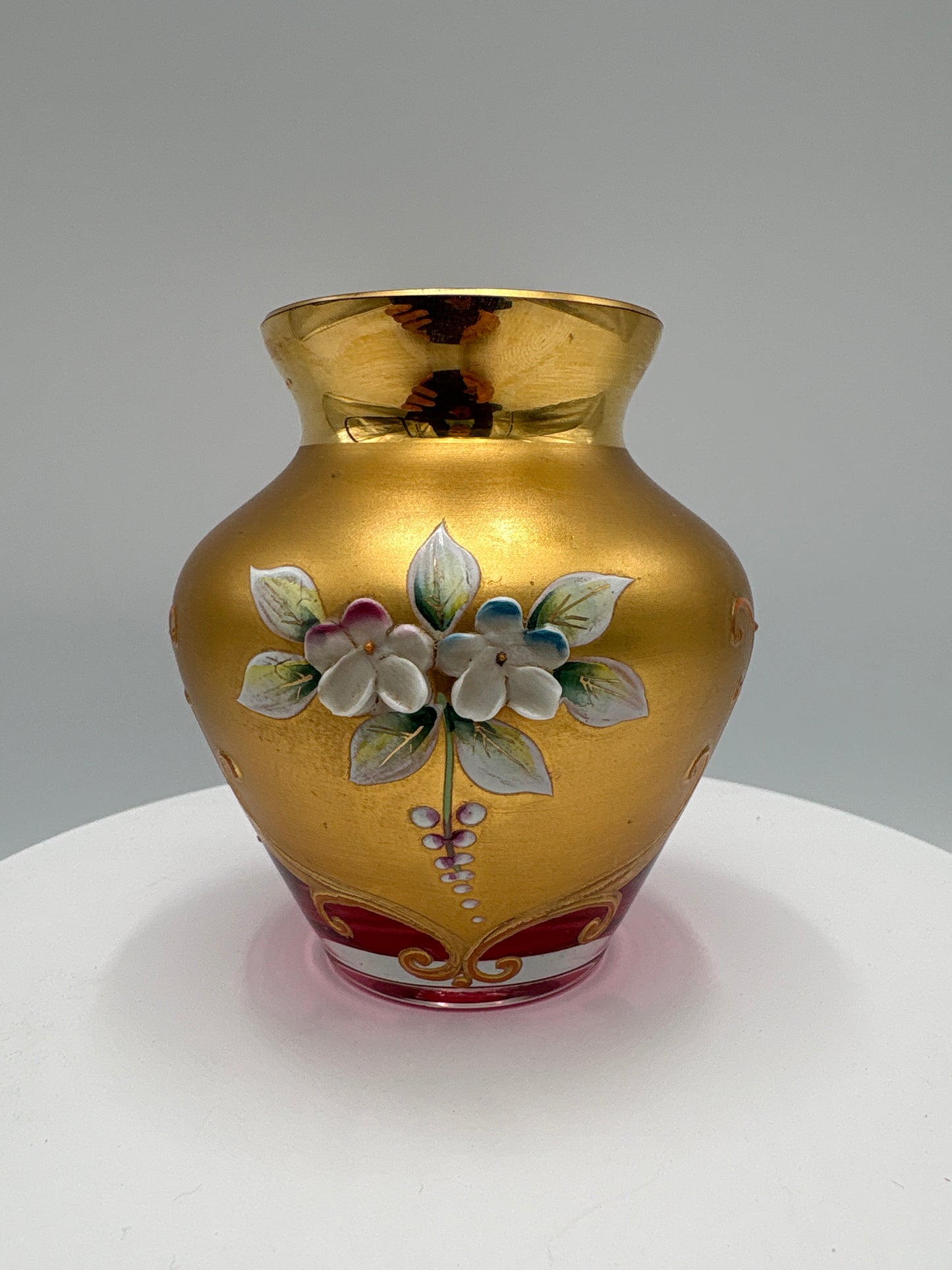 Vintage Bohemia krystal med Guld og Enamel-Vase-"buttet"-rød-8cm