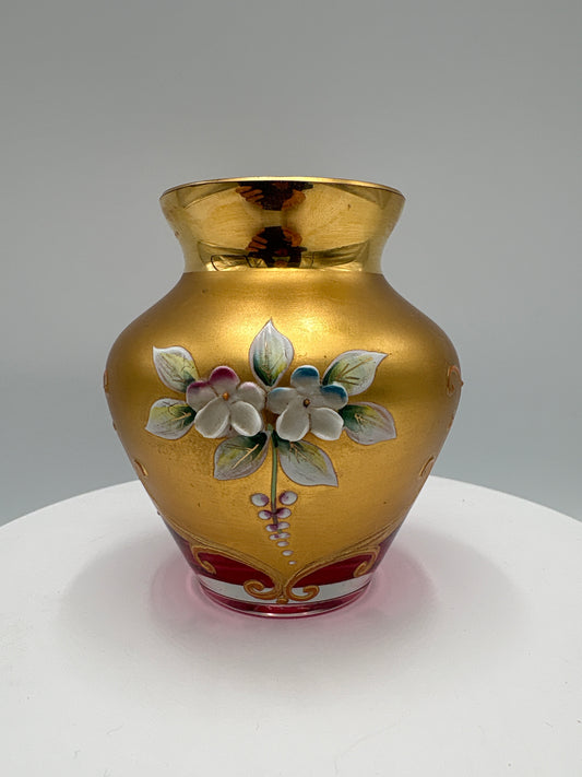 Vintage Bohemia krystal med Guld og Enamel-Vase-"buttet"-rød-8cm