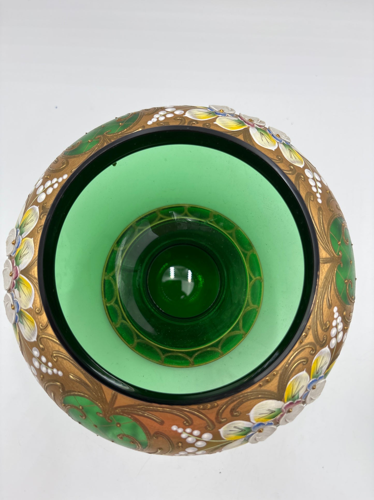 Vintage Bohemia krystal med Guld og Enamel, Stor Bonbonniere på fod , grøn, 27cm