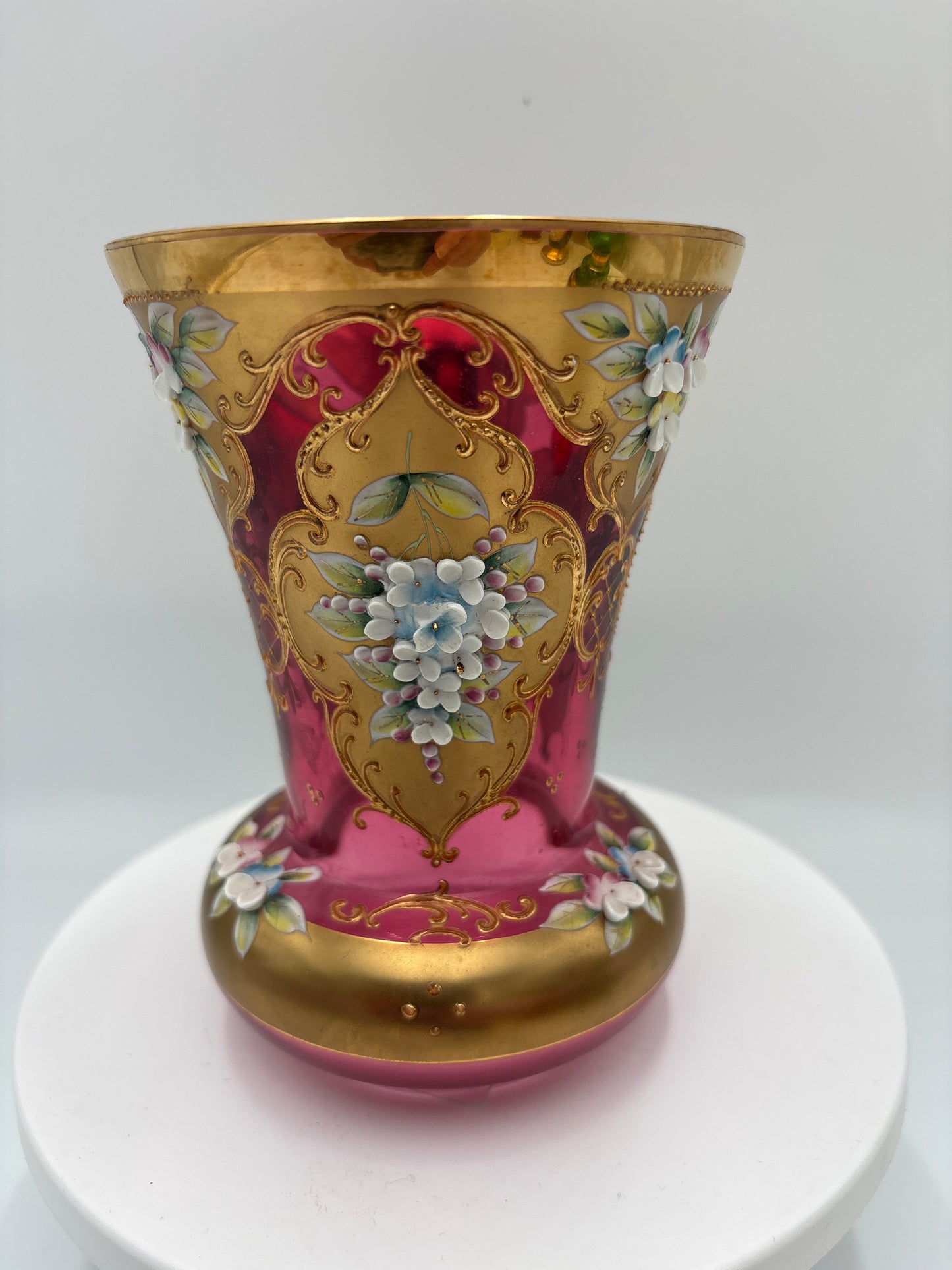 Vintage Bohemia krystal med Guld og Enamel, Vase , Rød(2), 14cm