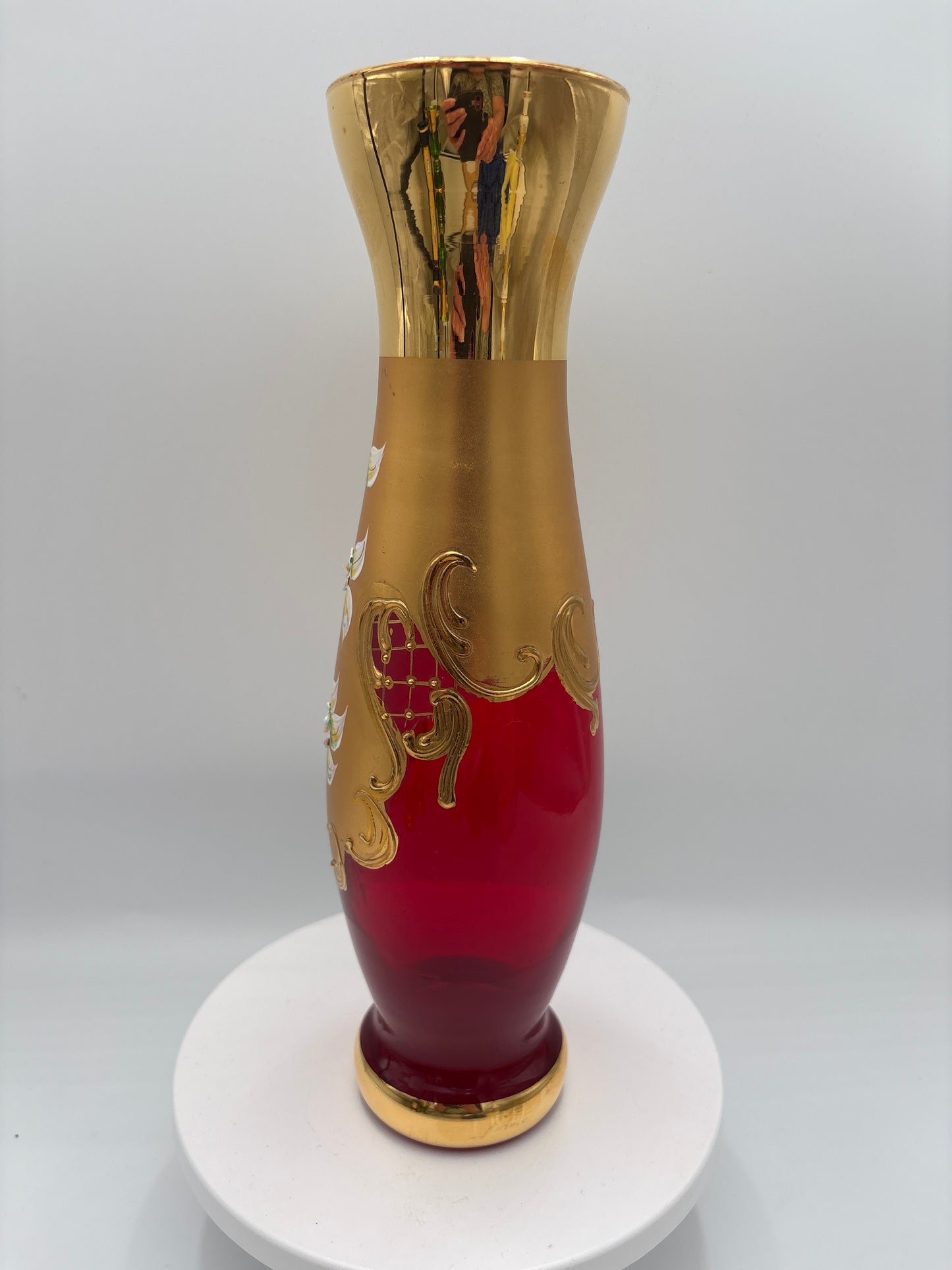 Vintage Bohemia krystal med Guld og Enamel, Vase, Rød, 28cm