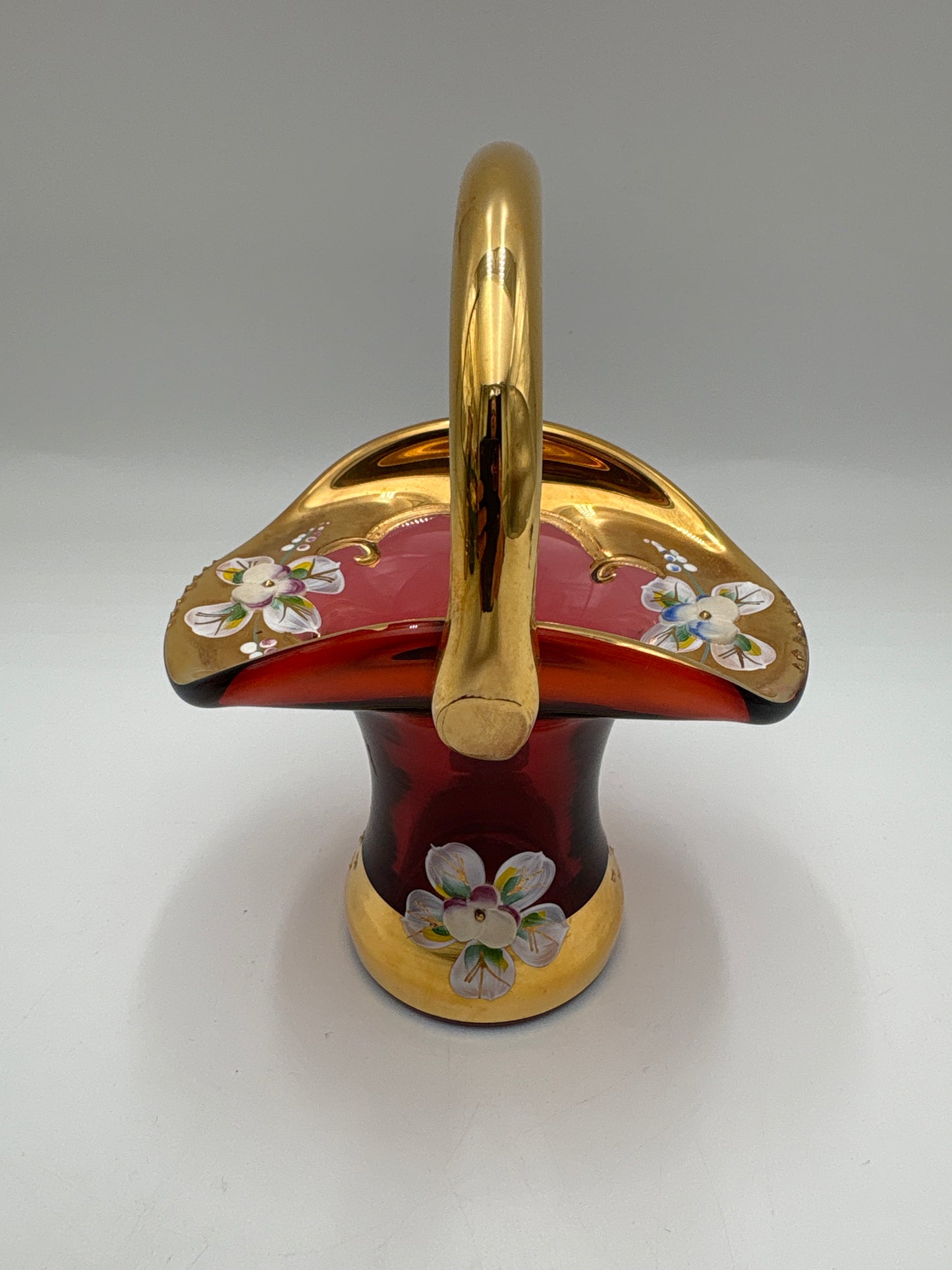 Vintage Bohemia krystal med Guld og Enamel, Kurv, Rød, 14cm