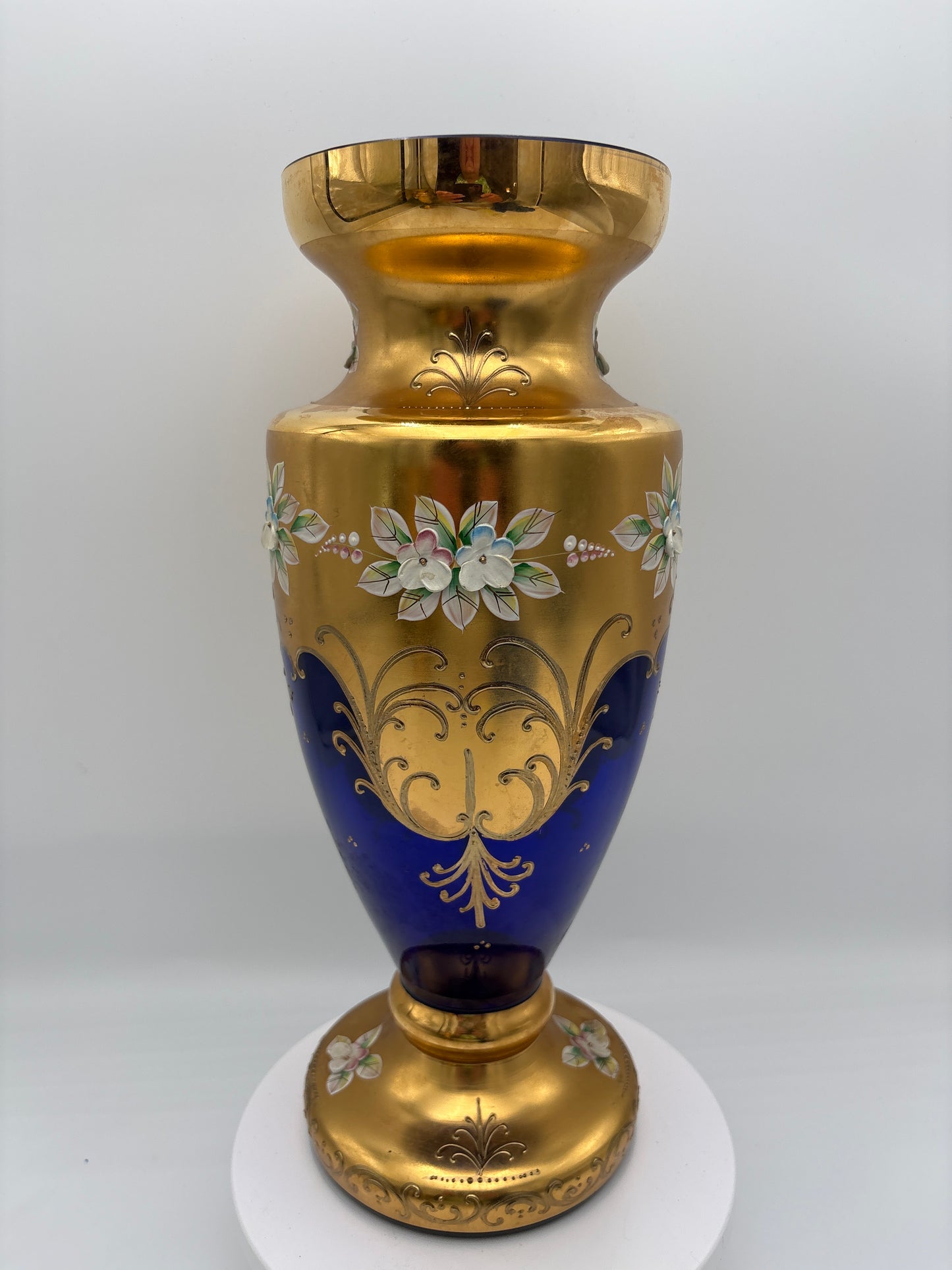 Vintage Bohemia krystal med Guld og Enamel-Vase på fod-Blå(2)-32cm