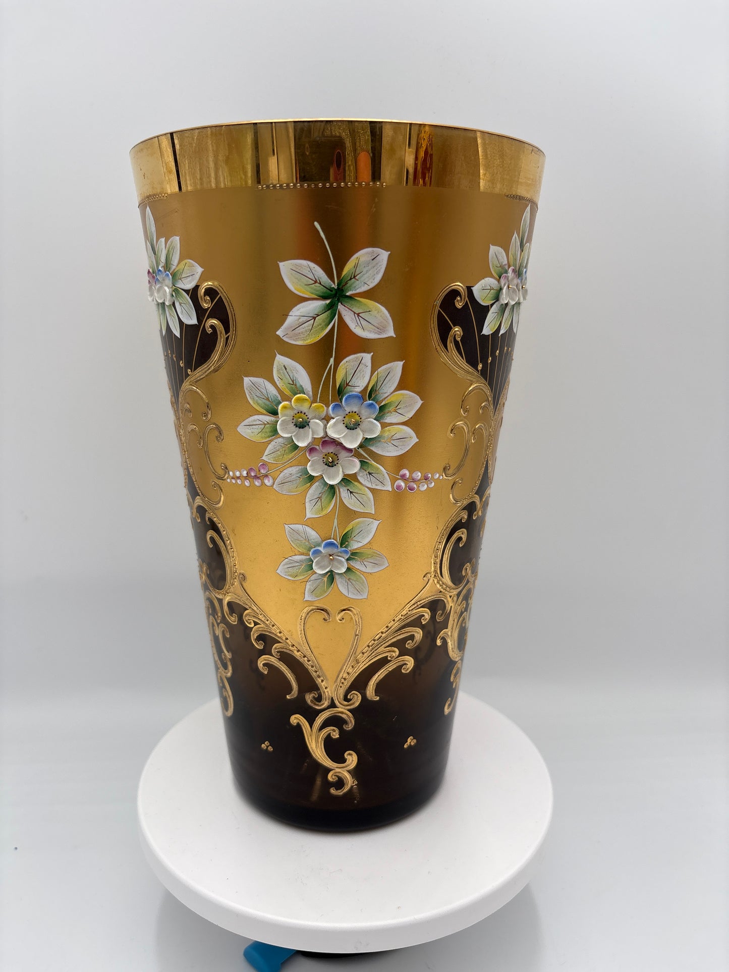 Vintage Bohemia krystal med Guld og Enamel, Vase, Brun, 25cm
