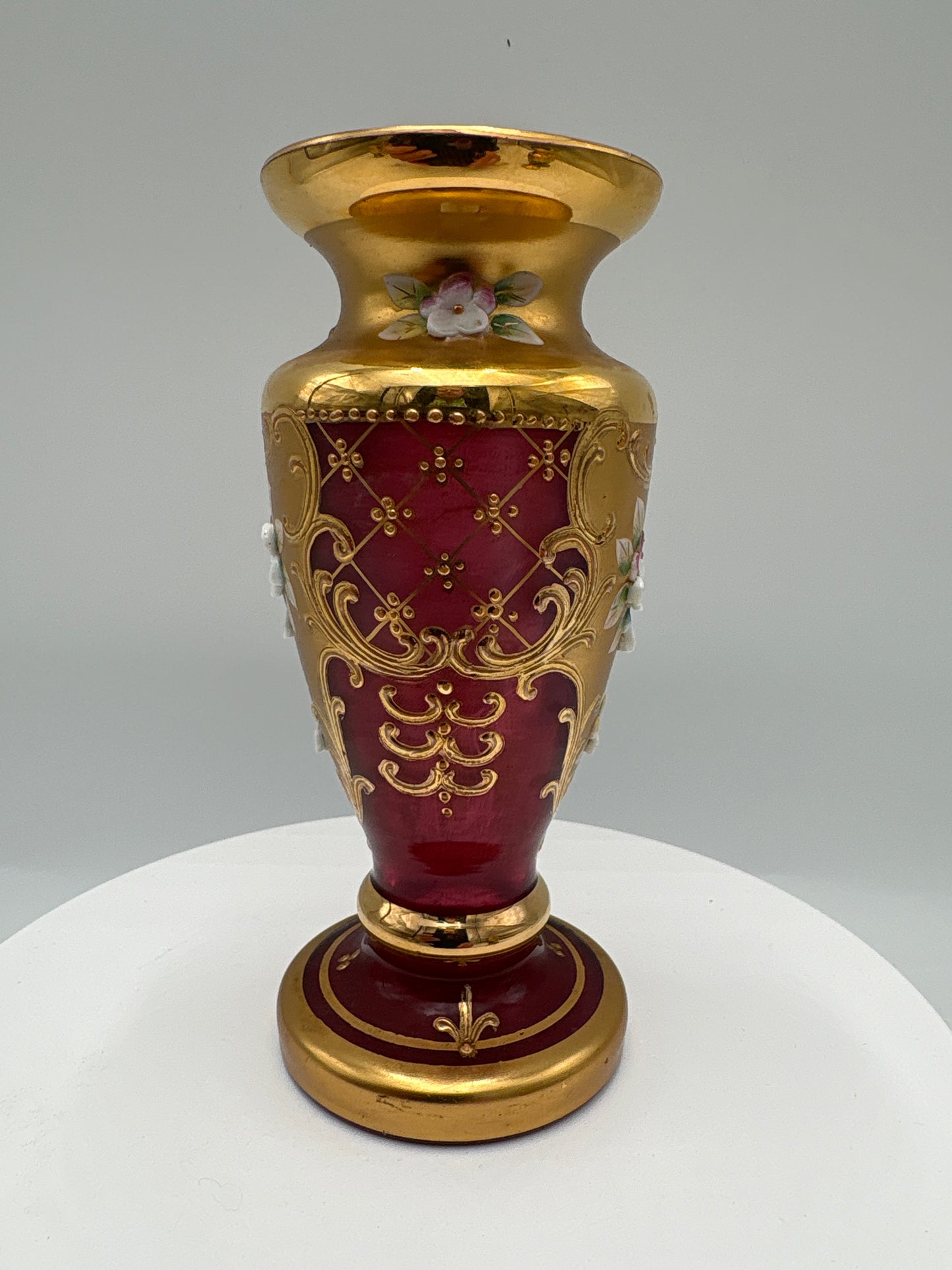 Vintage Bohemia krystal med Guld og Enamel-Vase på fod-Rød-14cm