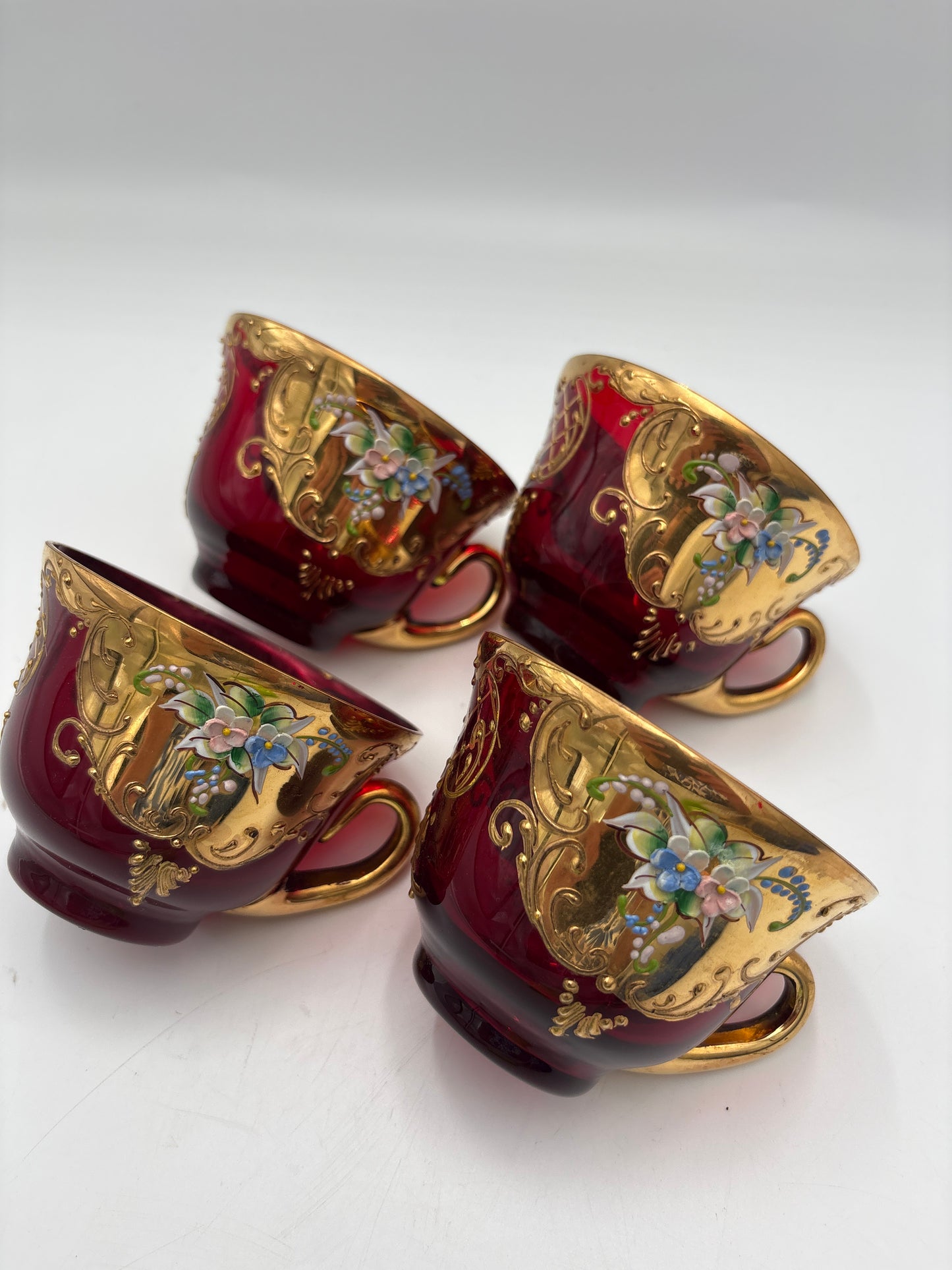 Vintage Bohemia krystal med Guld og Enamel, Punch Bowl med ske og 4 kopper, Rød, 25cm