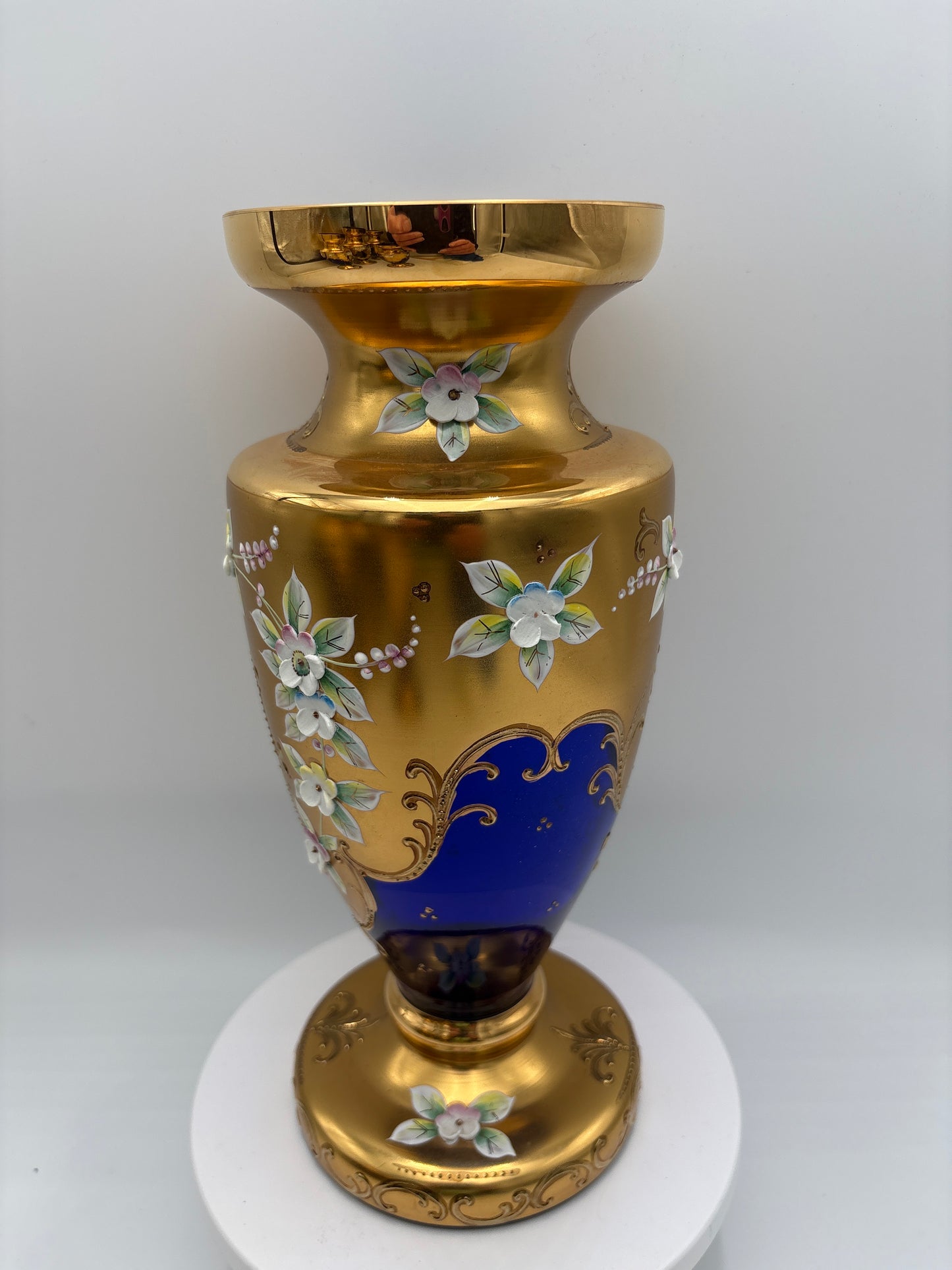 Vintage Bohemia krystal med Guld og Enamel-Vase på fod-Blå(2)-27cm