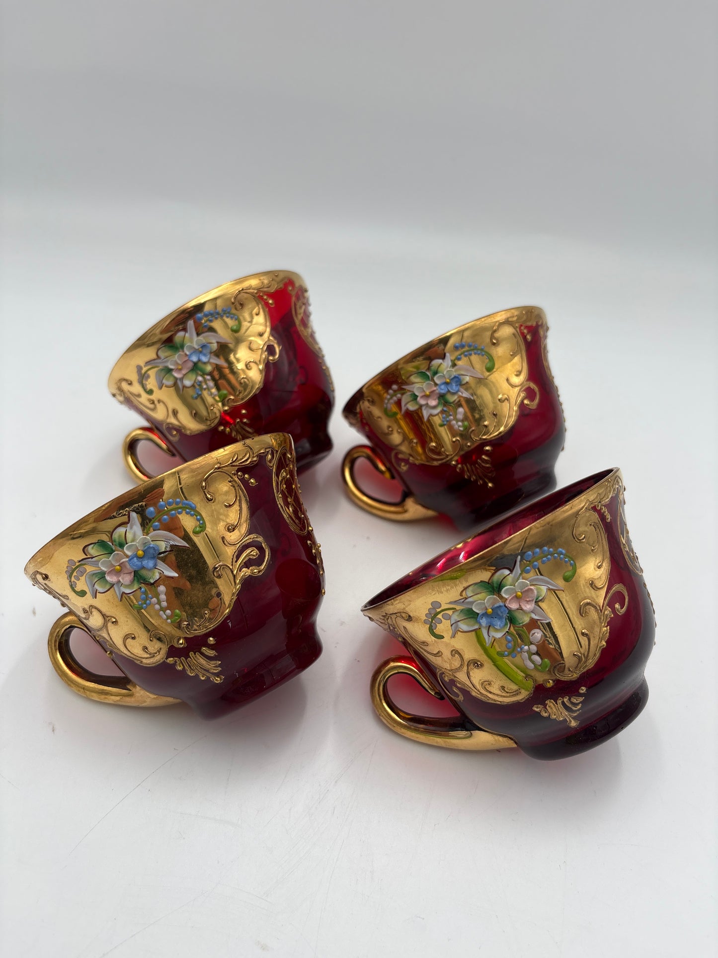 Vintage Bohemia krystal med Guld og Enamel, Punch Bowl med ske og 4 kopper, Rød, 25cm