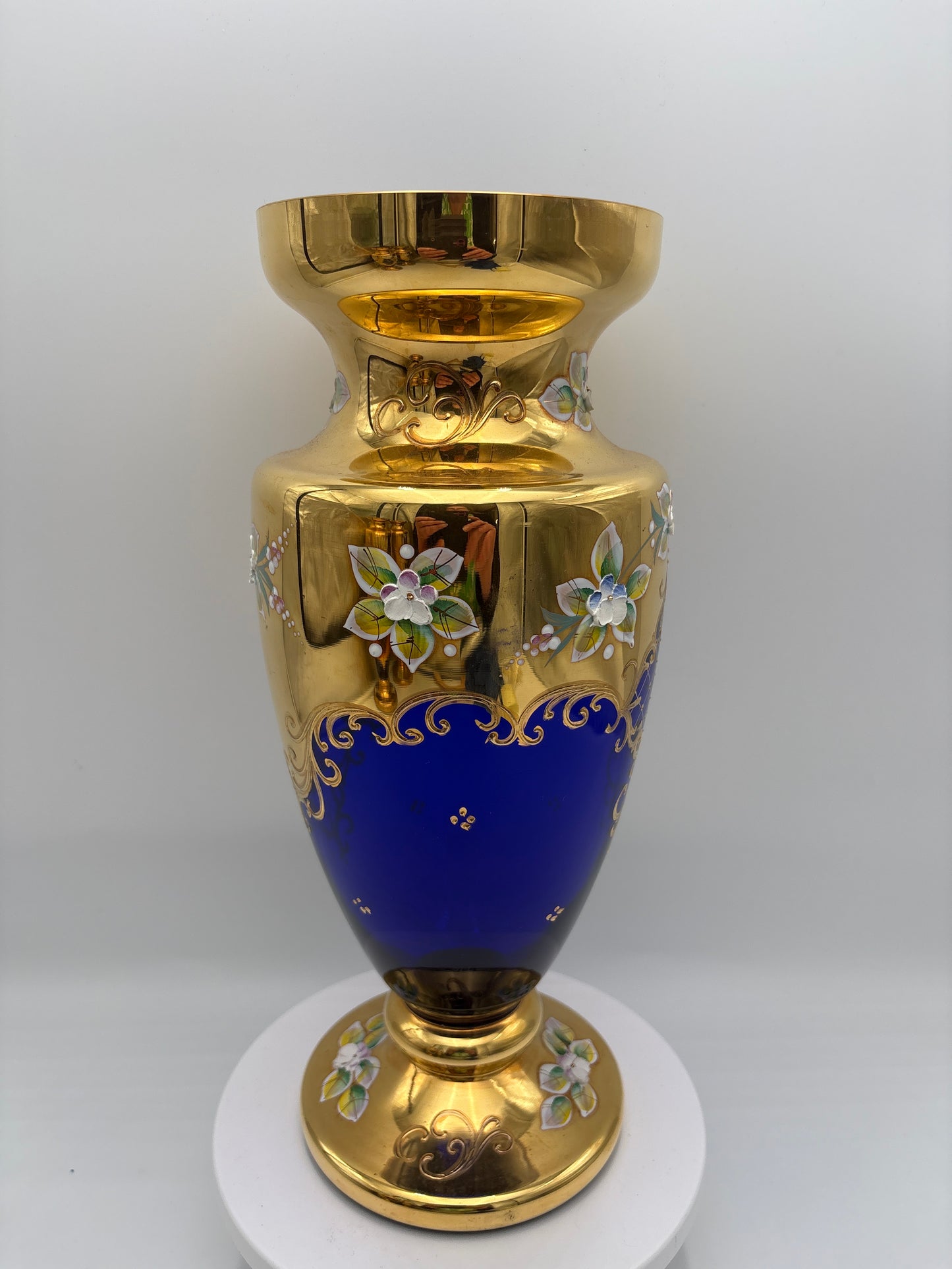 Vintage Bohemia krystal med Guld og Enamel-Vase på fod-Blå(1)-30cm