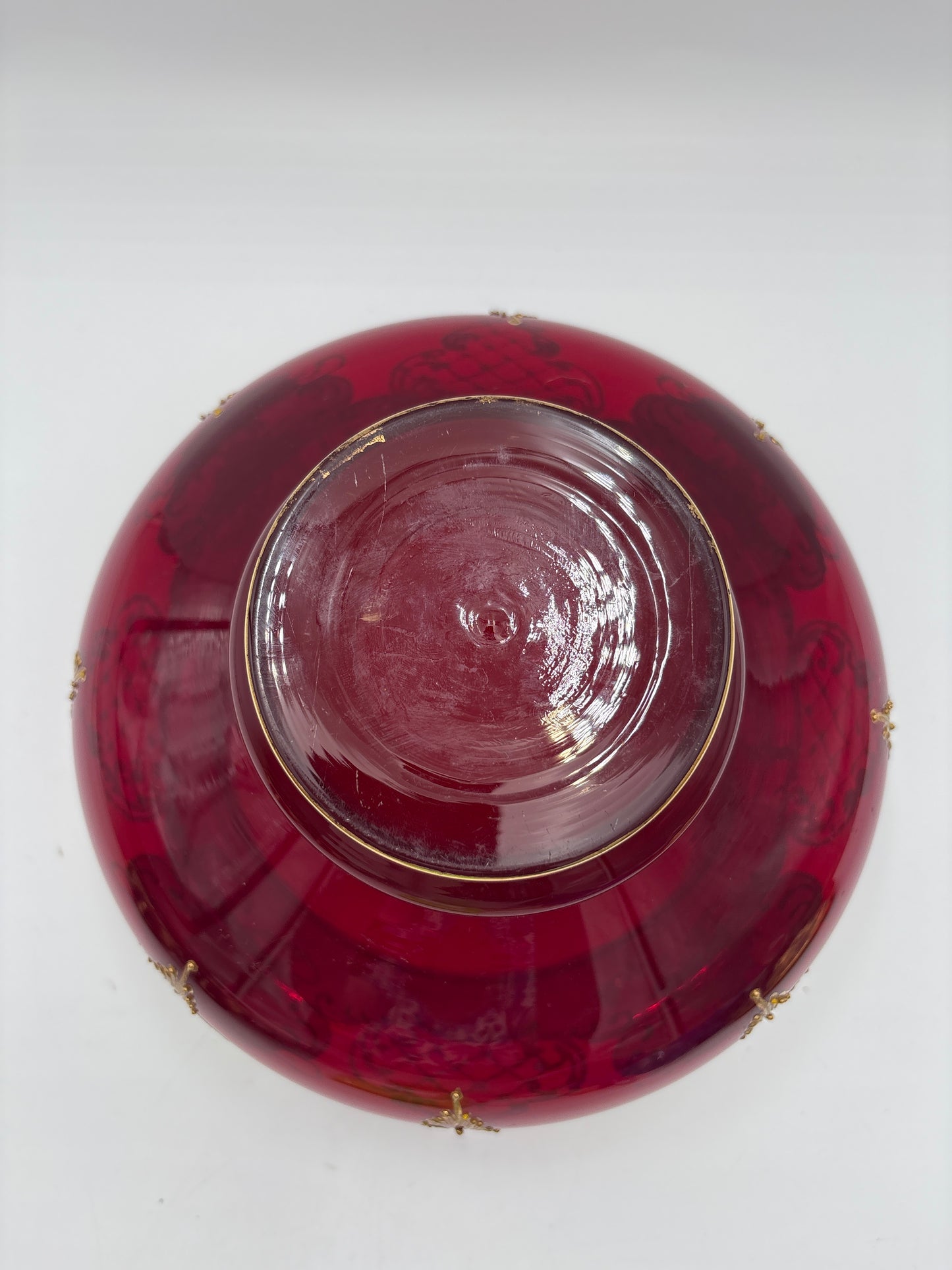 Vintage Bohemia krystal med Guld og Enamel, Punch Bowl med ske og 4 kopper, Rød, 25cm