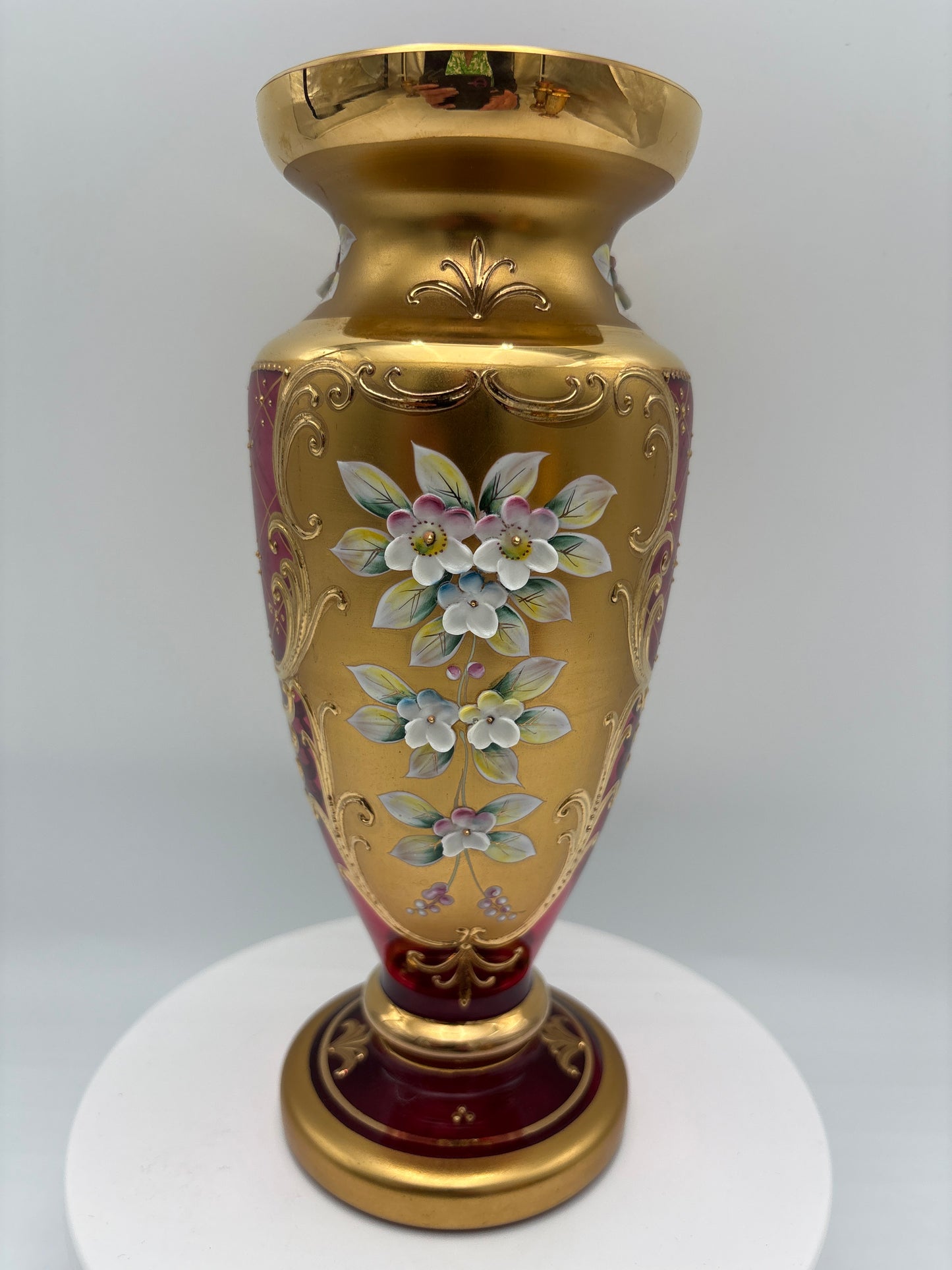 Vintage Bohemia krystal med Guld og Enamel-Vase på fod-Rød(4)-22cm
