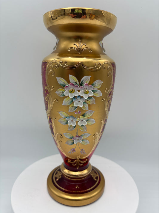 Vintage Bohemia krystal med Guld og Enamel-Vase på fod-Rød(4)-22cm