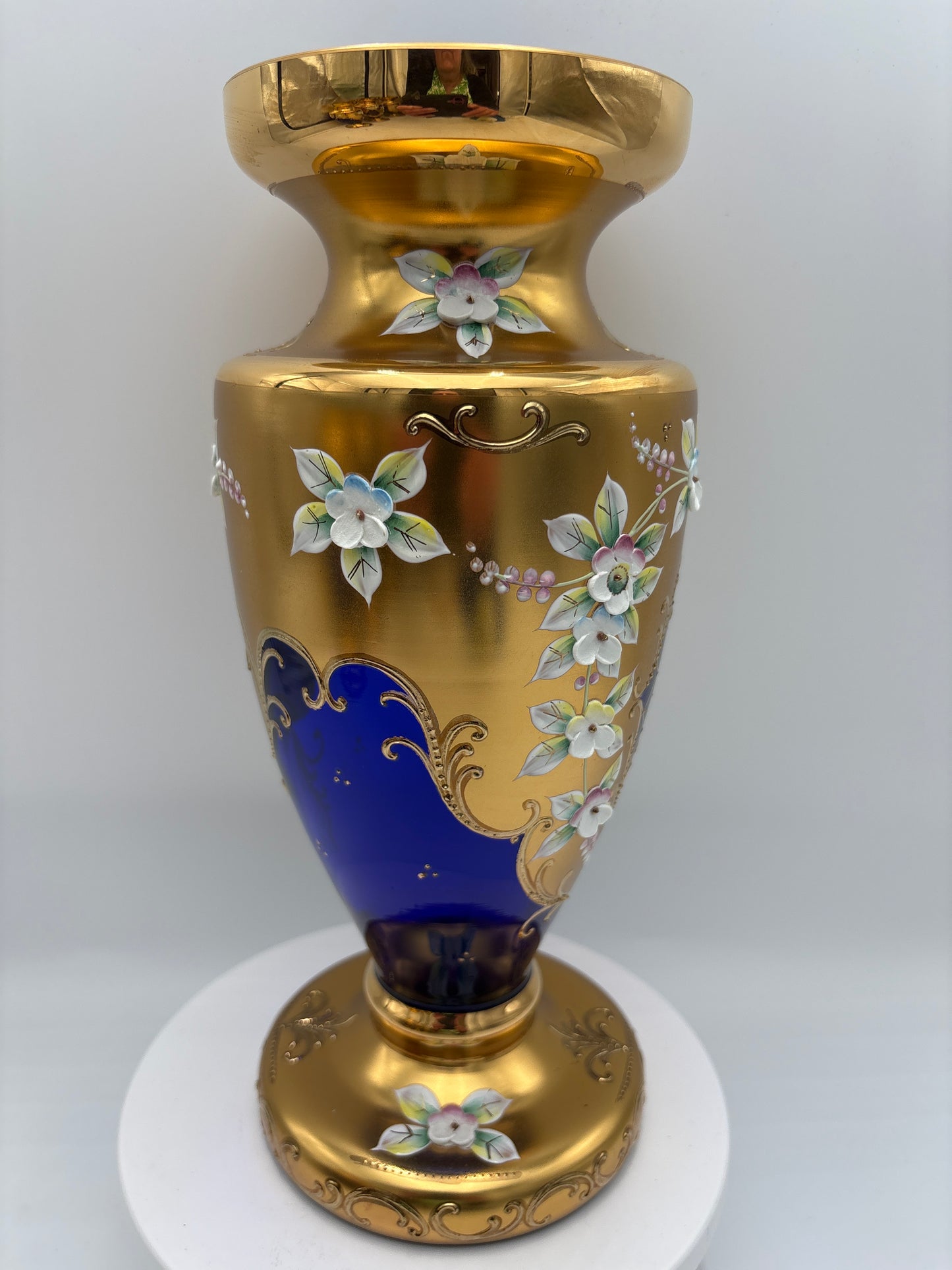 Vintage Bohemia krystal med Guld og Enamel-Vase på fod-Blå(1)-27cm