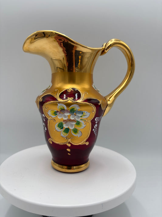 Vintage Bohemia krystal med Guld og Enamel, Kande, Rød(3), 17cm