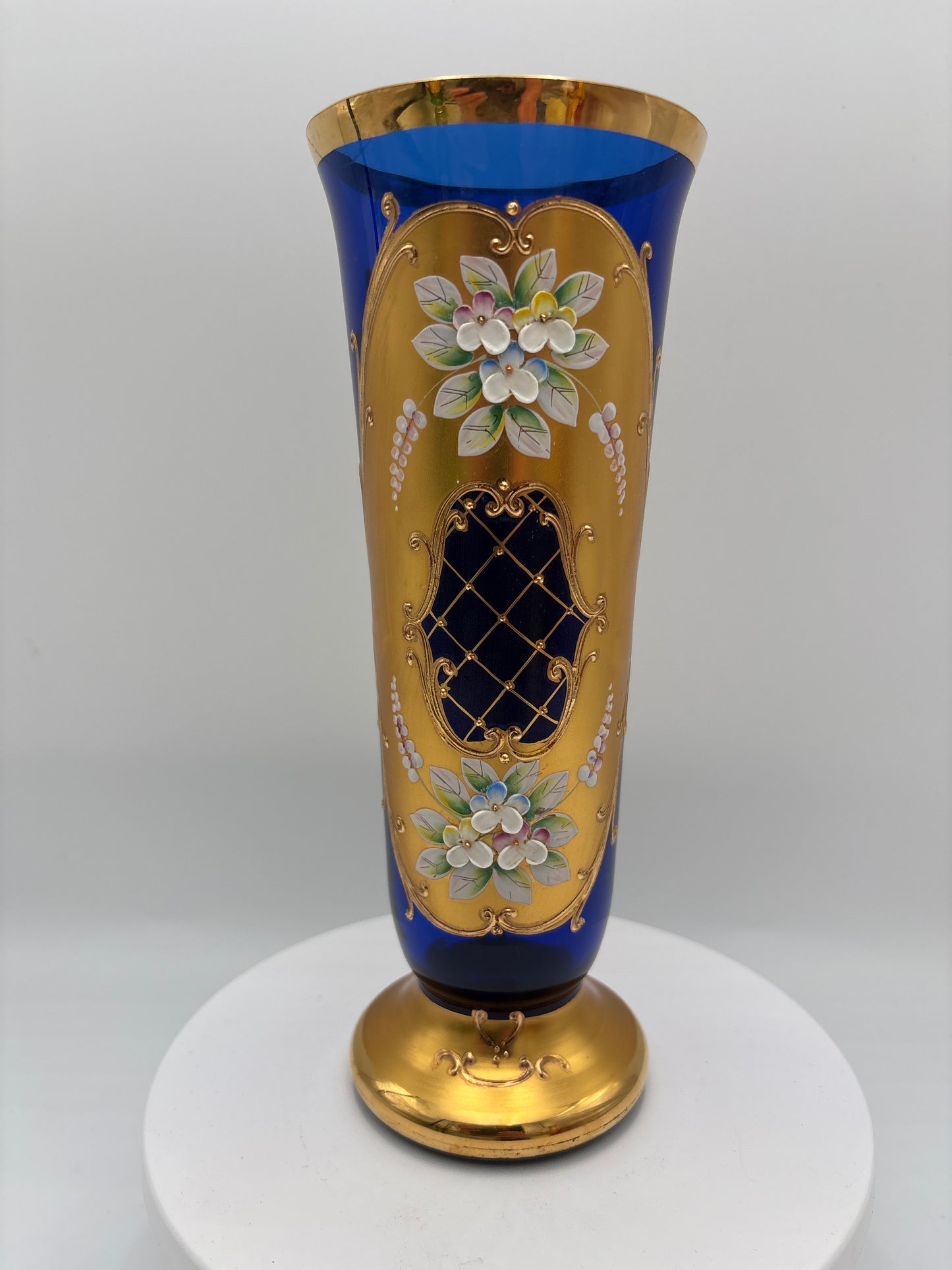 Vintage Bohemia krystal med Guld og Enamel, Vase på fod , Blå, 22cm
