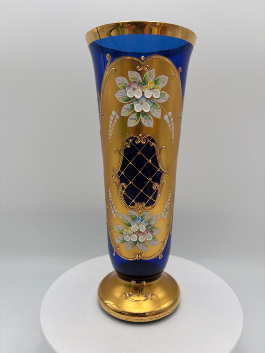 Vintage Bohemia krystal med Guld og Enamel, Vase på fod , Blå, 22cm