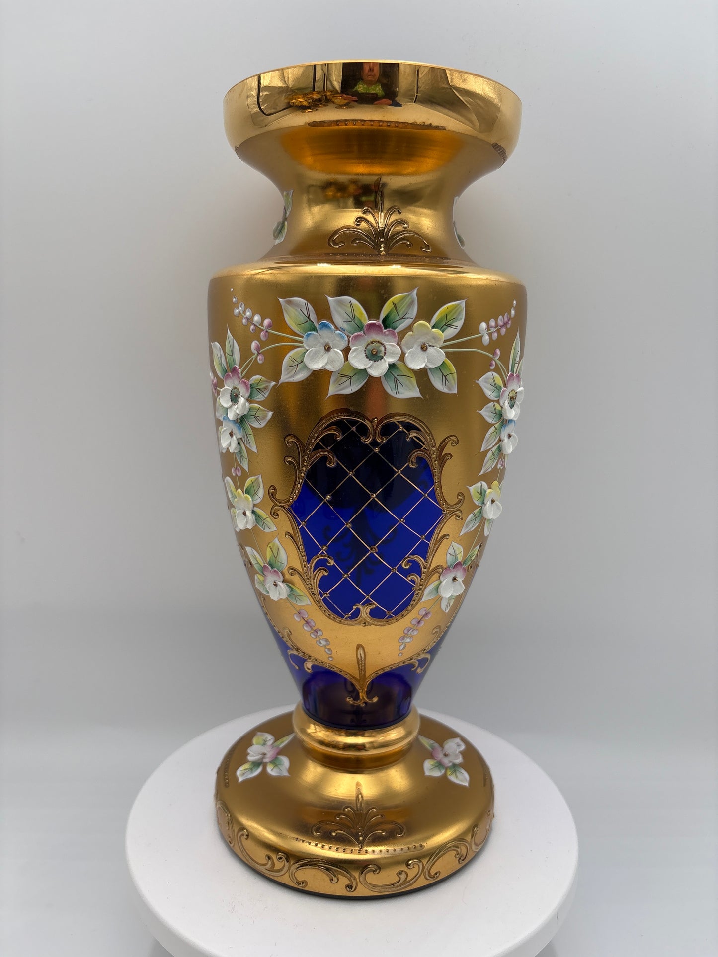 Vintage Bohemia krystal med Guld og Enamel-Vase på fod-Blå(2)-27cm
