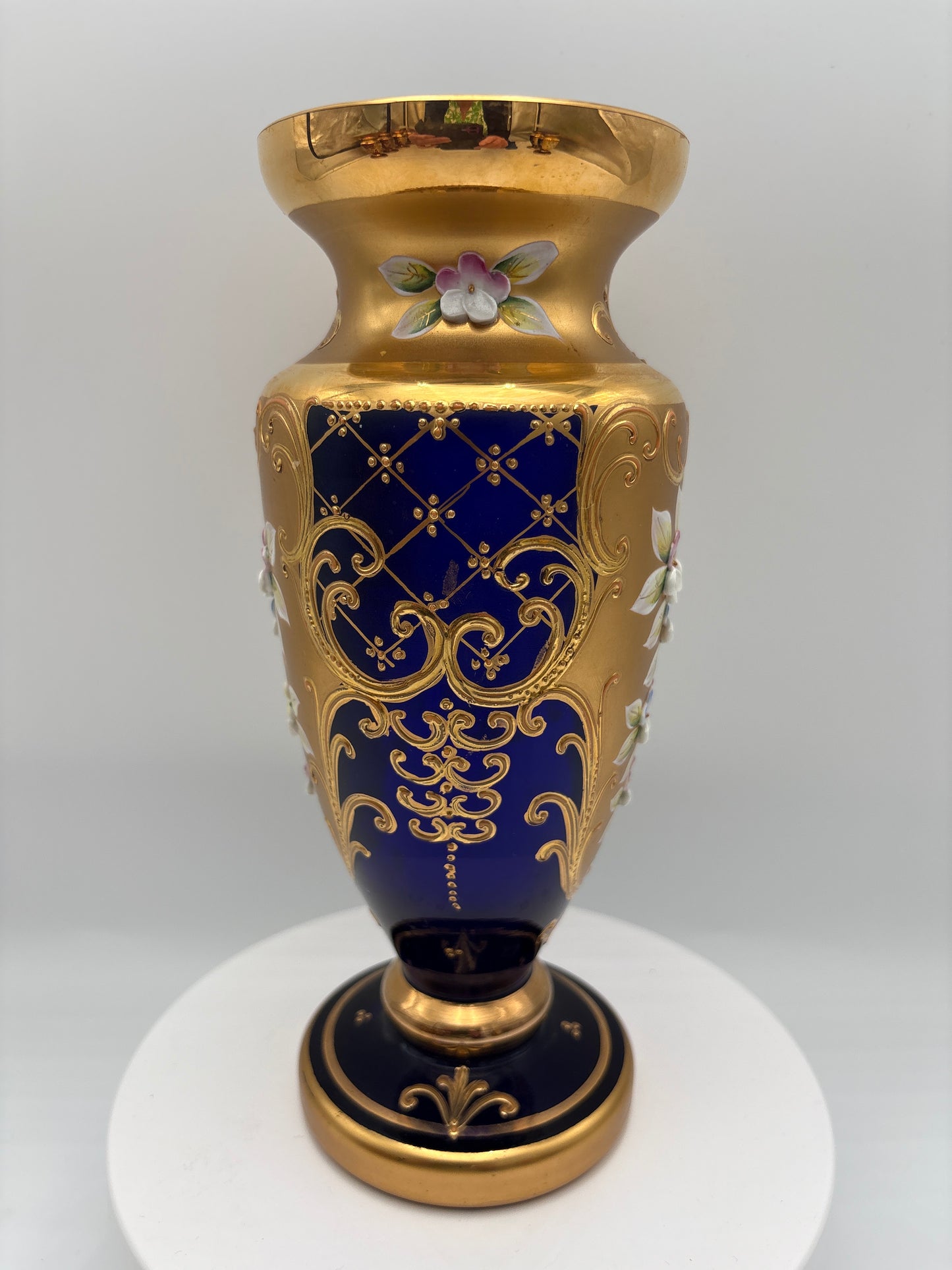 Vintage Bohemia krystal med Guld og Enamel-Vase på fod-Blå(3)-22cm