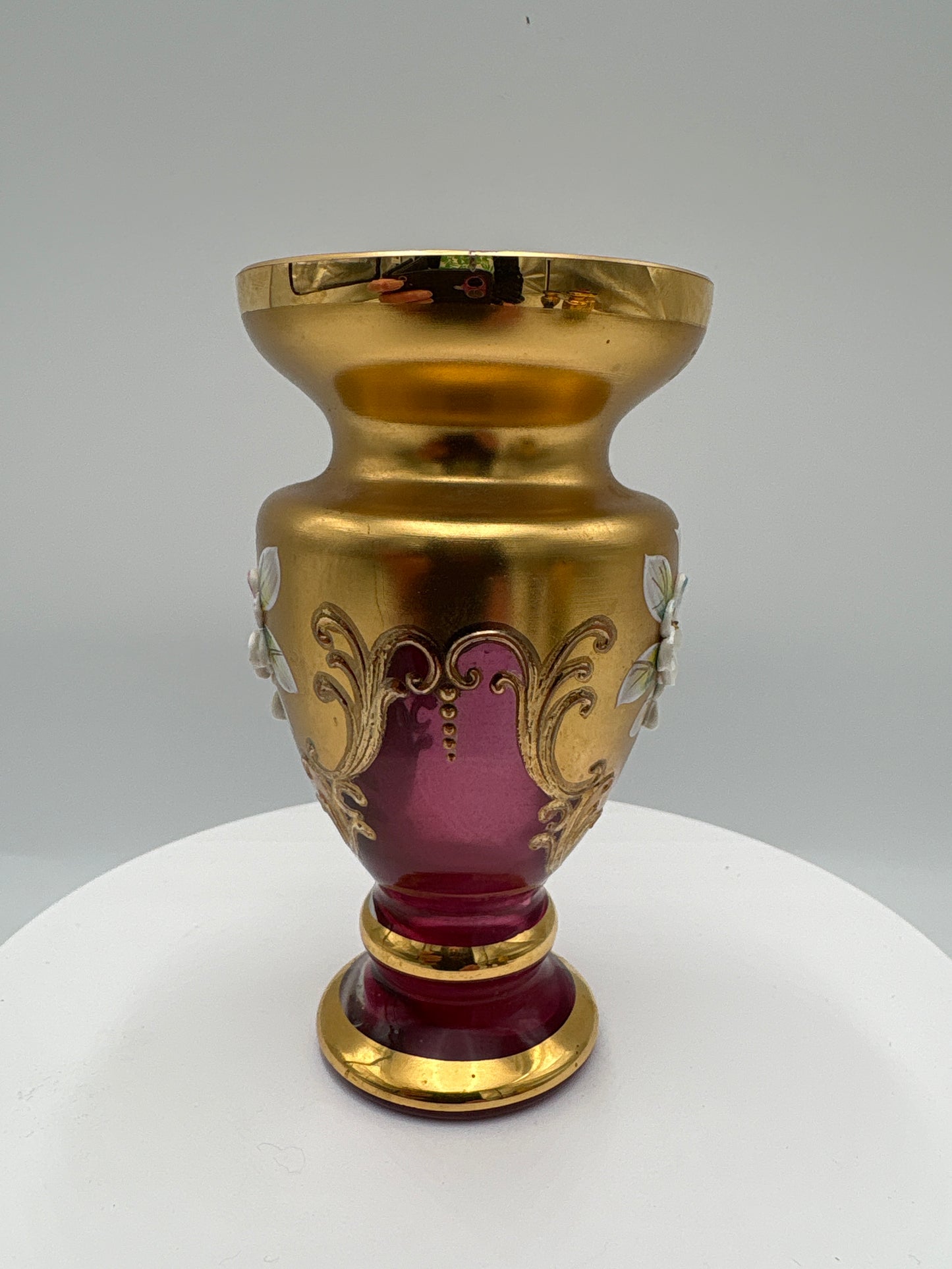 Vintage Bohemia krystal med Guld og Enamel-Vase på fod-Rød-12cm