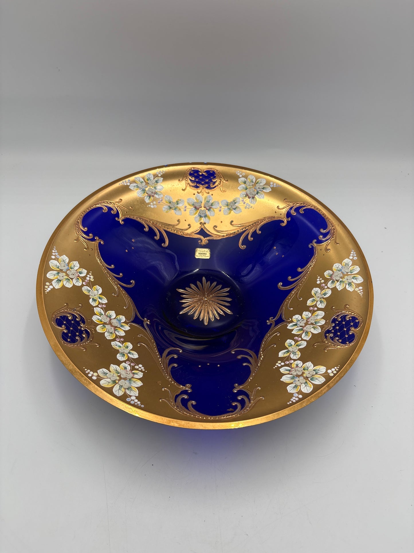 Vintage Bohemia krystal med Guld og Enamel, Fad, Blå, ø32,5cm
